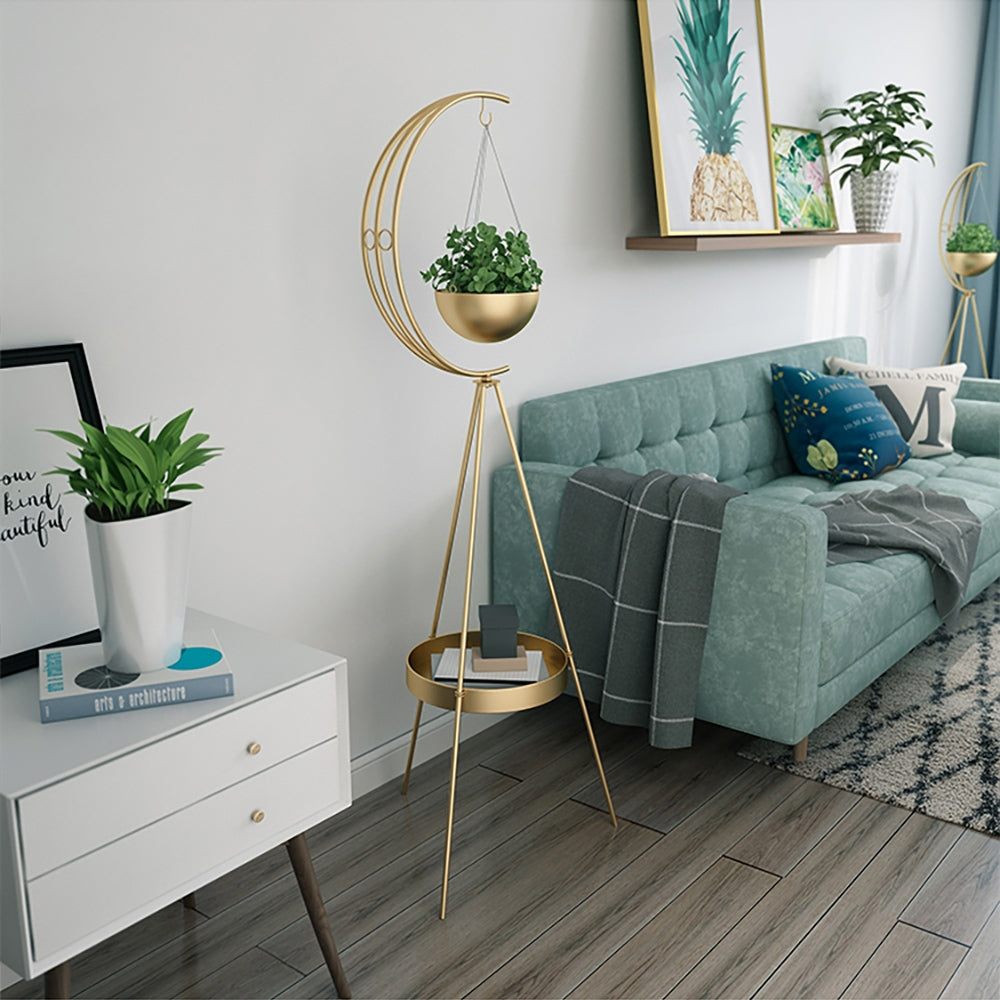 HMR - Half-Moon Plant Stand with Shelf in Gold