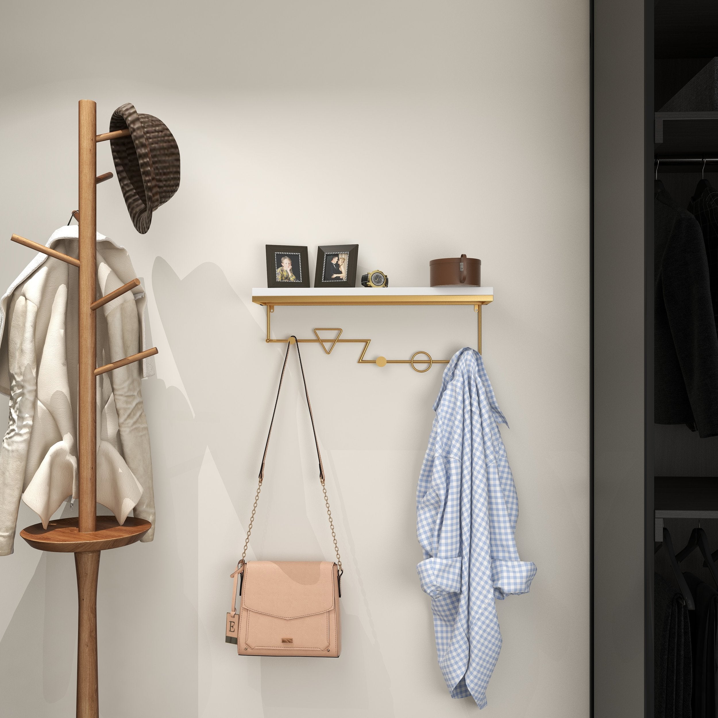 HMR - Wall-Mounted Coat Rack with a Shelf in Gold and White