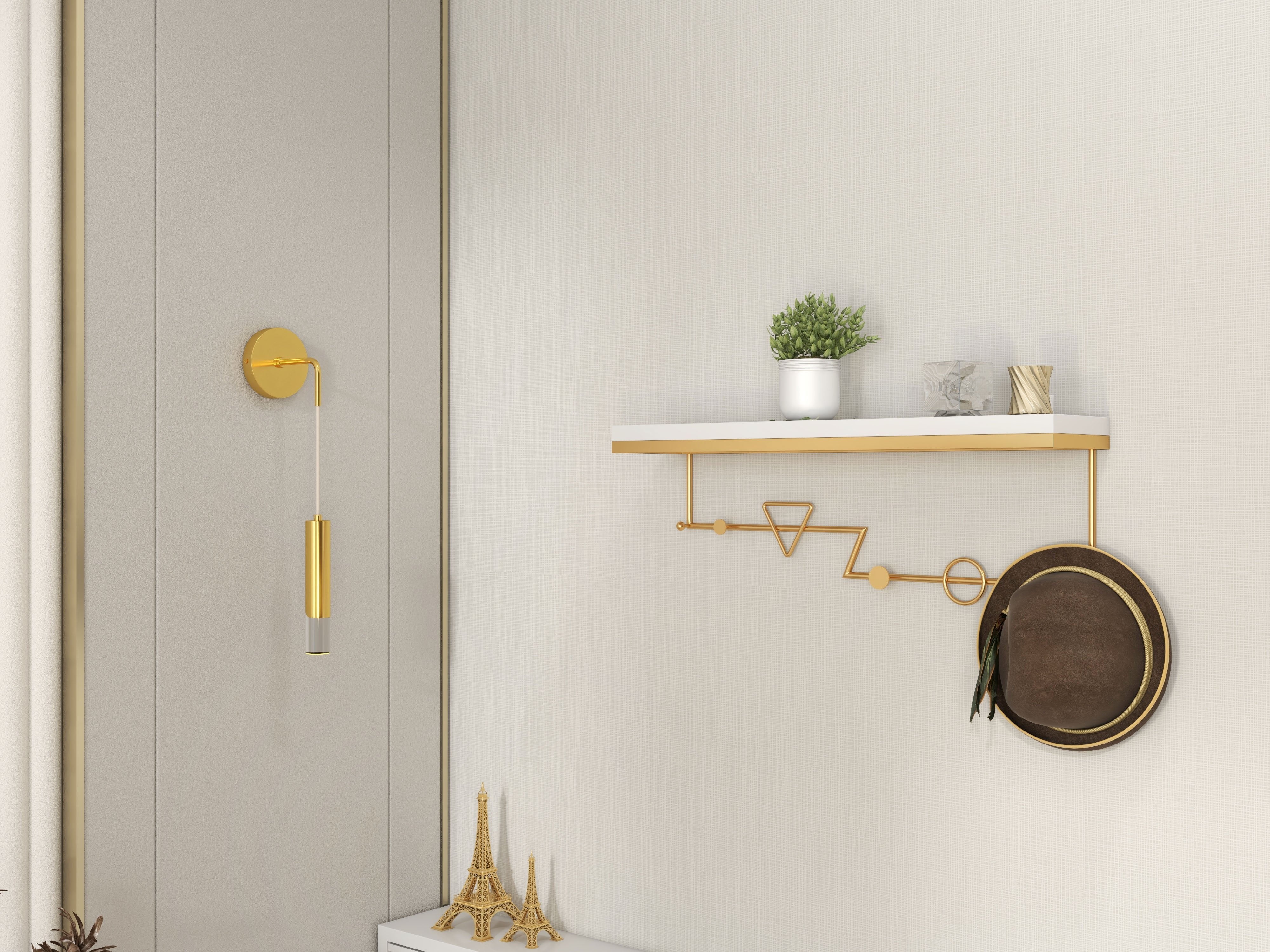 HMR - Wall-Mounted Coat Rack with a Shelf in Gold and White
