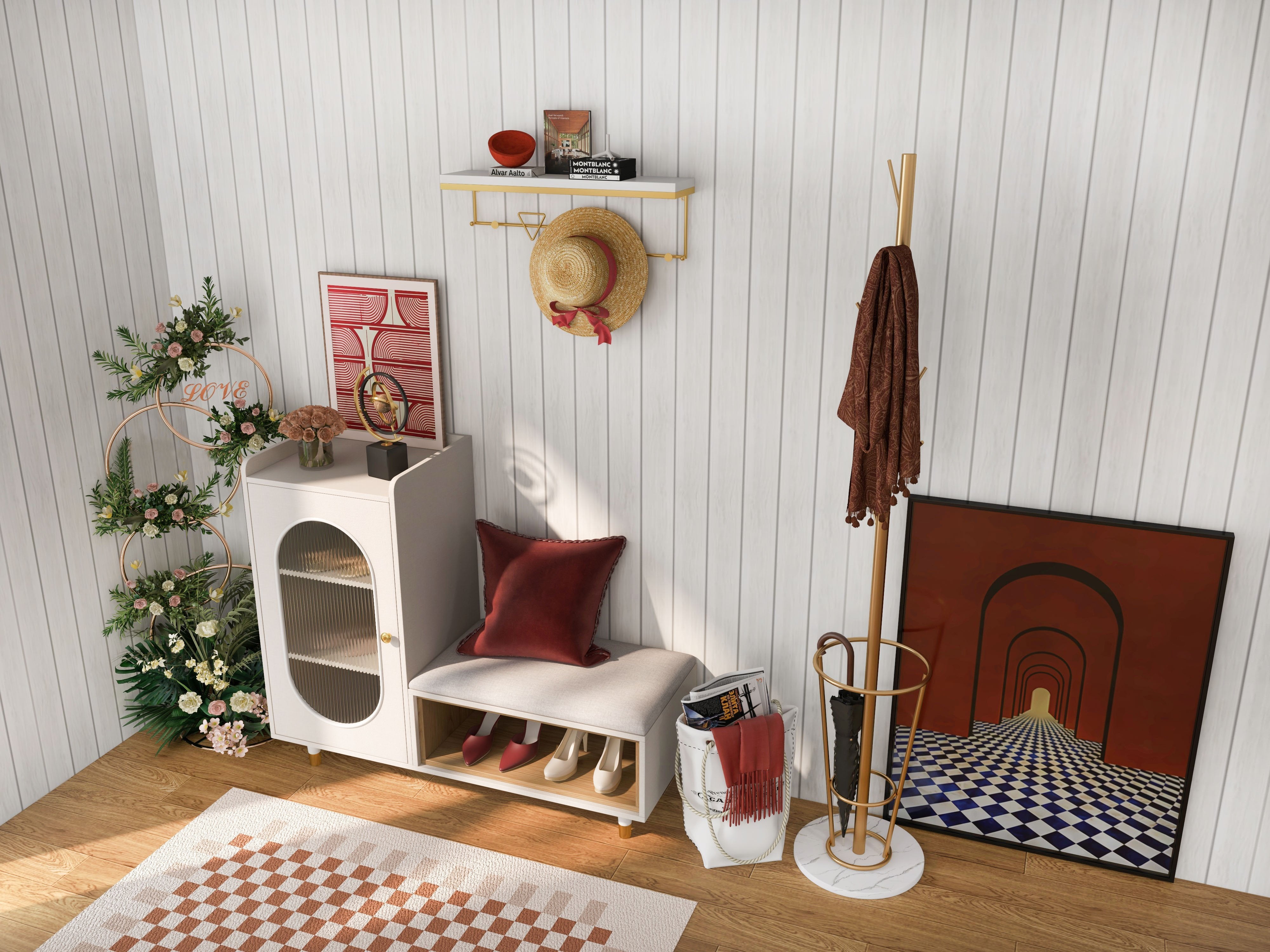 HMR - Wall-Mounted Coat Rack with a Shelf in Gold and White