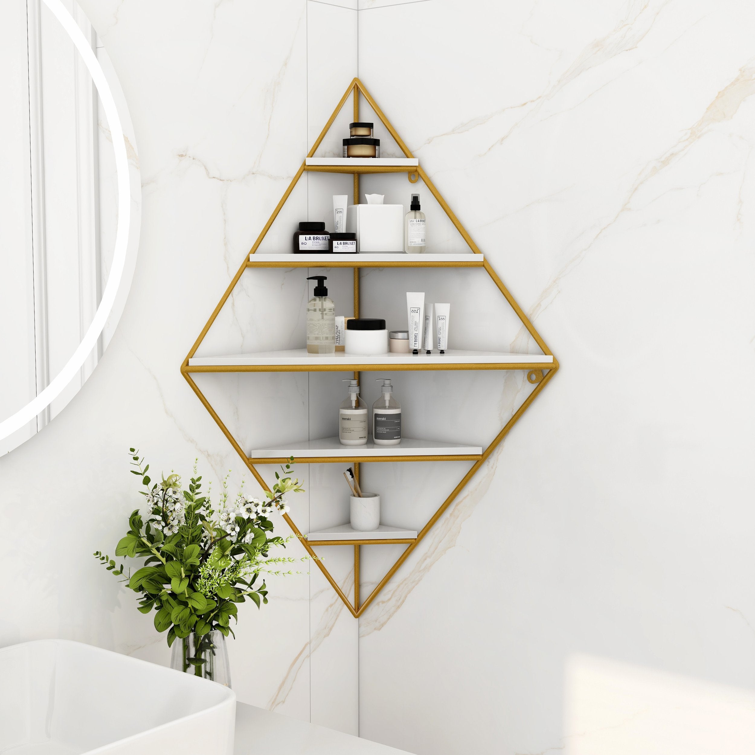 HMR - Triangle Corner Floating Shelves in White and Gold