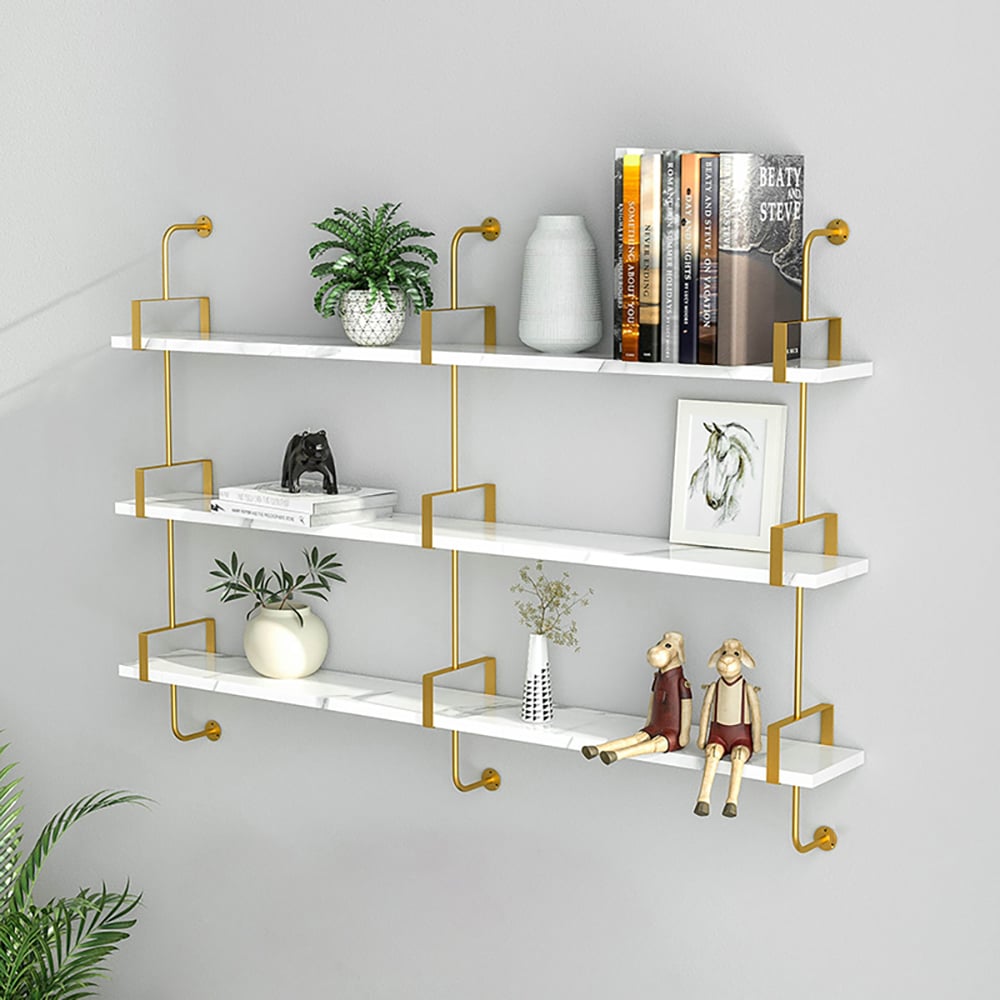 HMR - 3-Tier Wall-Mounted Long Shelves in White and Gold