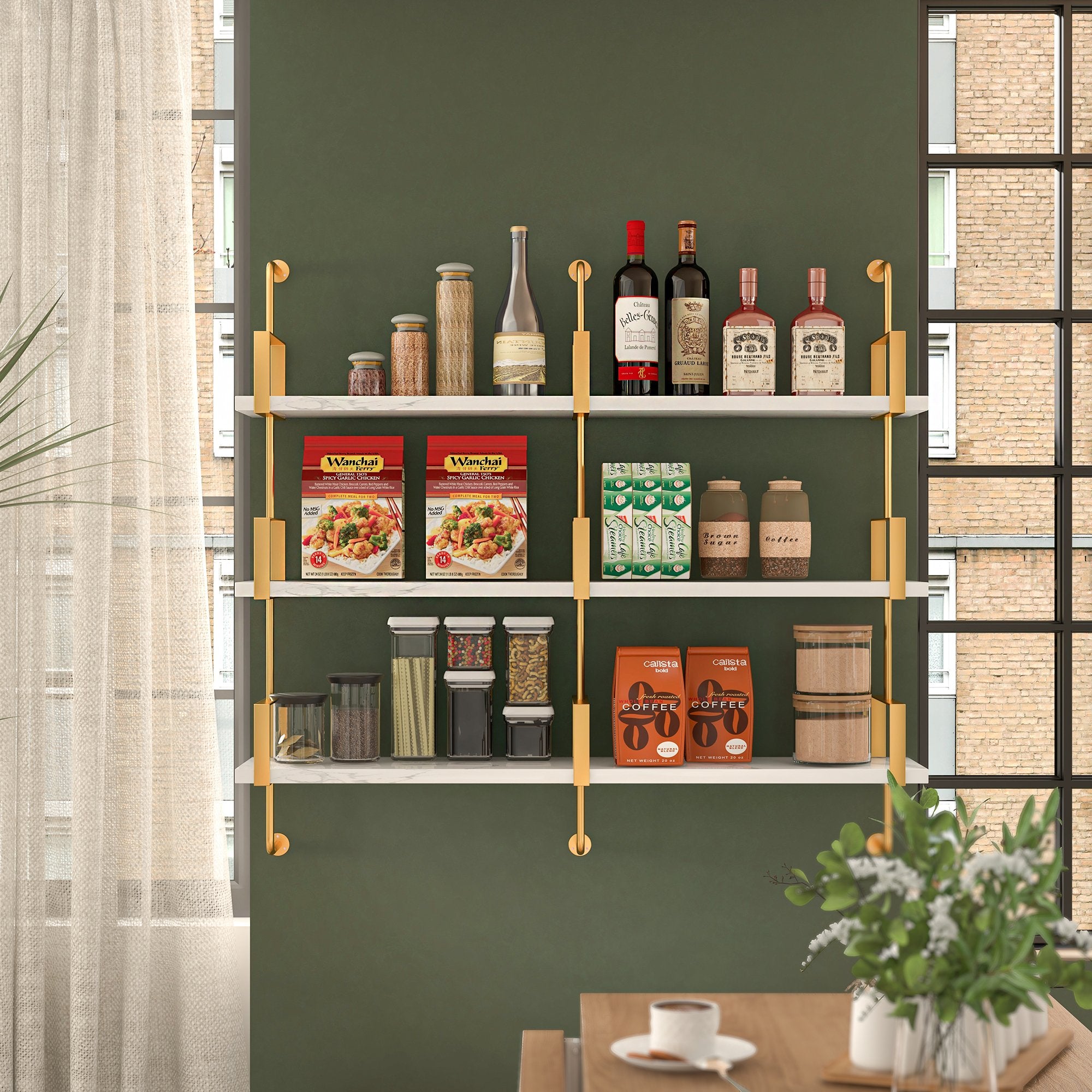 HMR - 3-Tier Wall-Mounted Long Shelves in White and Gold