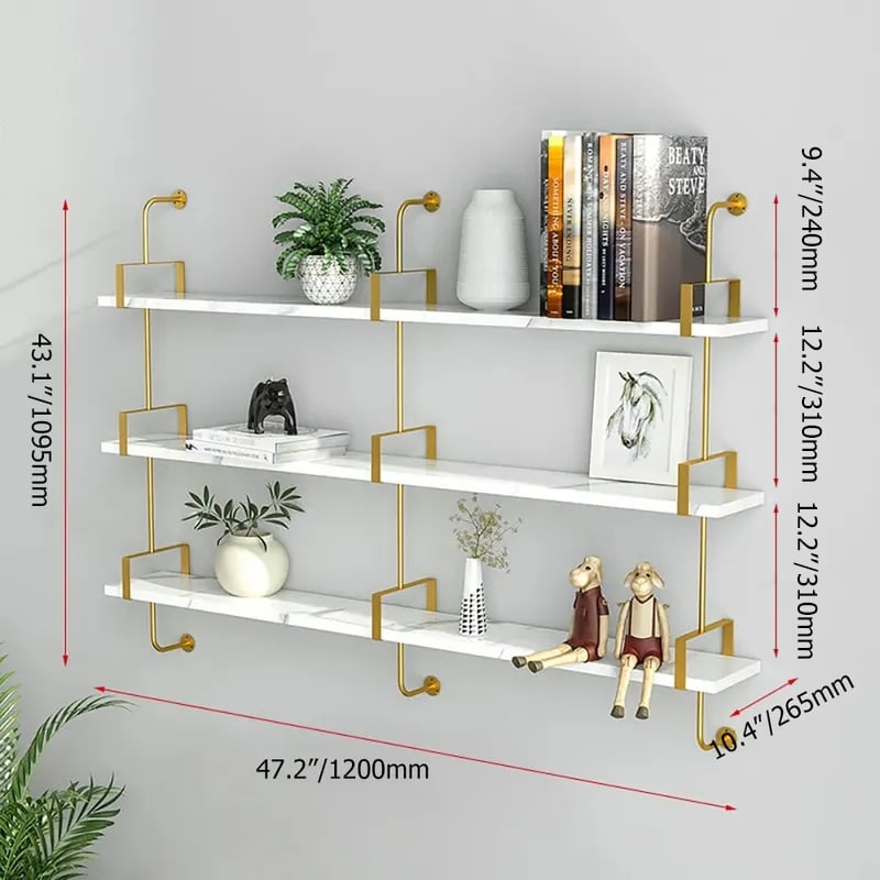 HMR - 3-Tier Wall-Mounted Long Shelves in White and Gold