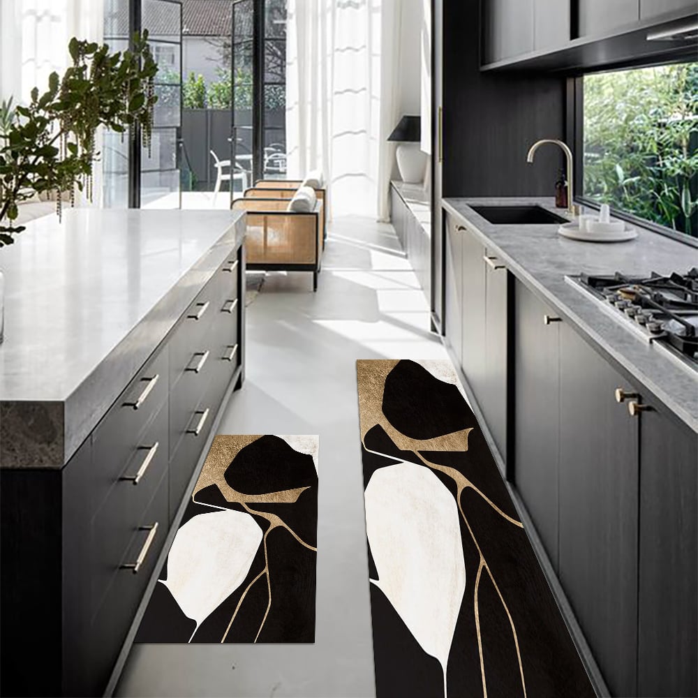 HMR - 2PCS Abstract Gold&Black Diatom Mud Running Mat Non-slip Absorbent Kitchen Rug Set