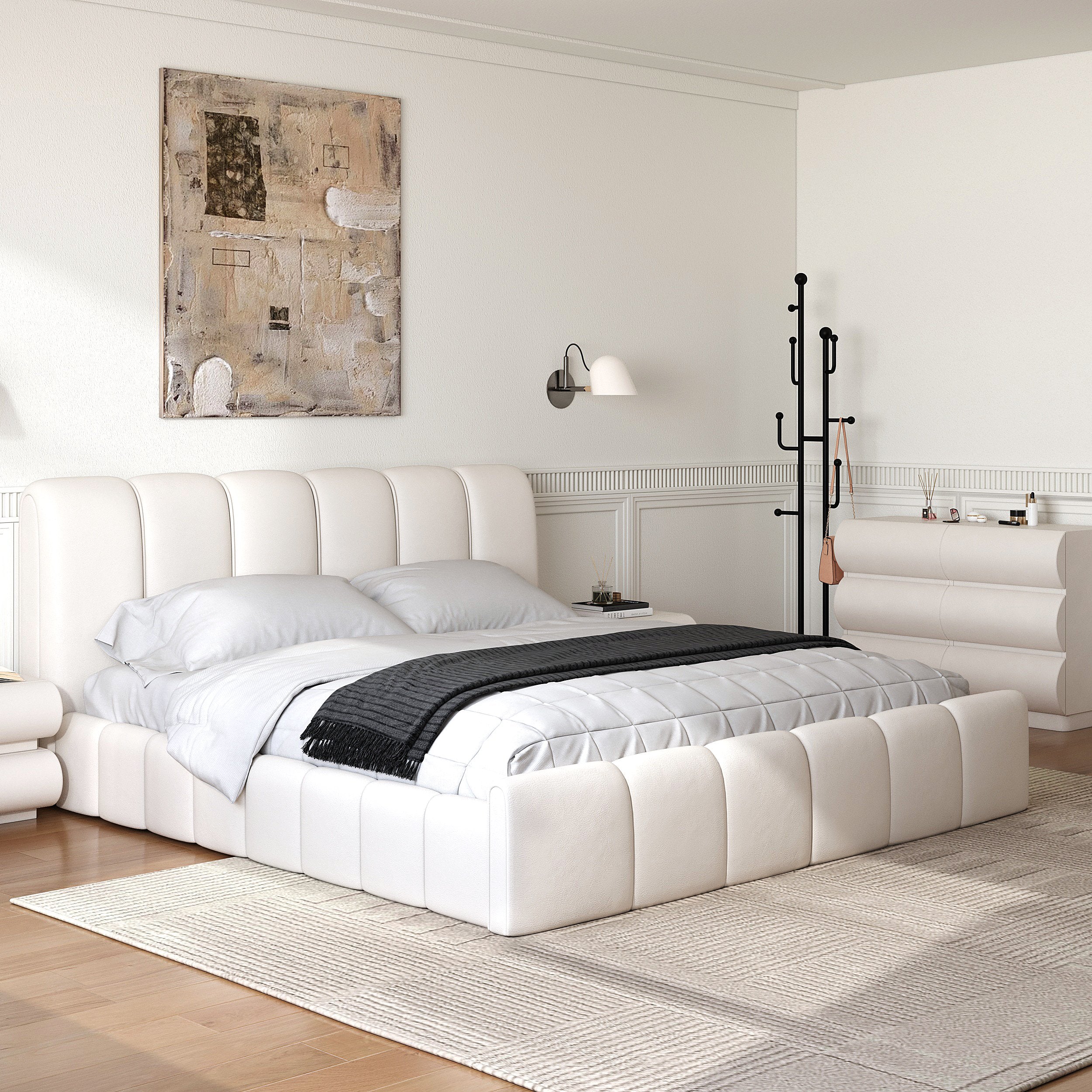 HMR - Humply White Leather Wingback King Bed Frame