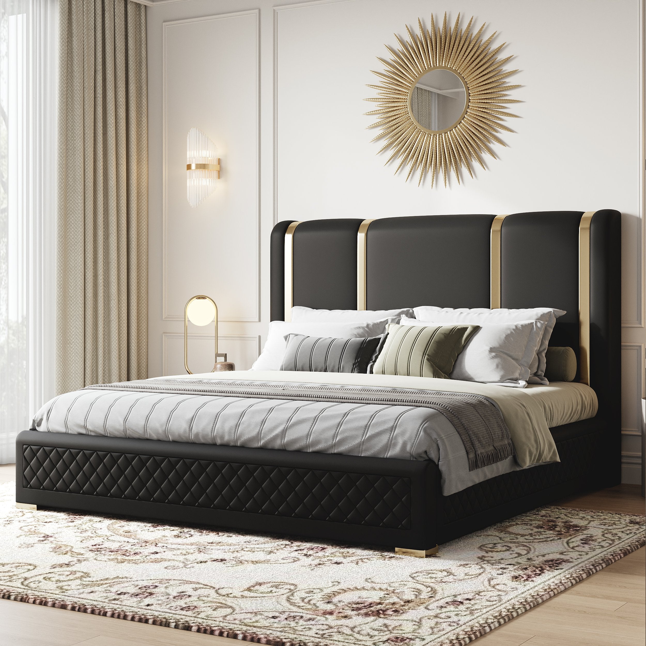 HMR - Modern Upholstered Bed Frame with Polished Gold and Faux Leather Headboard