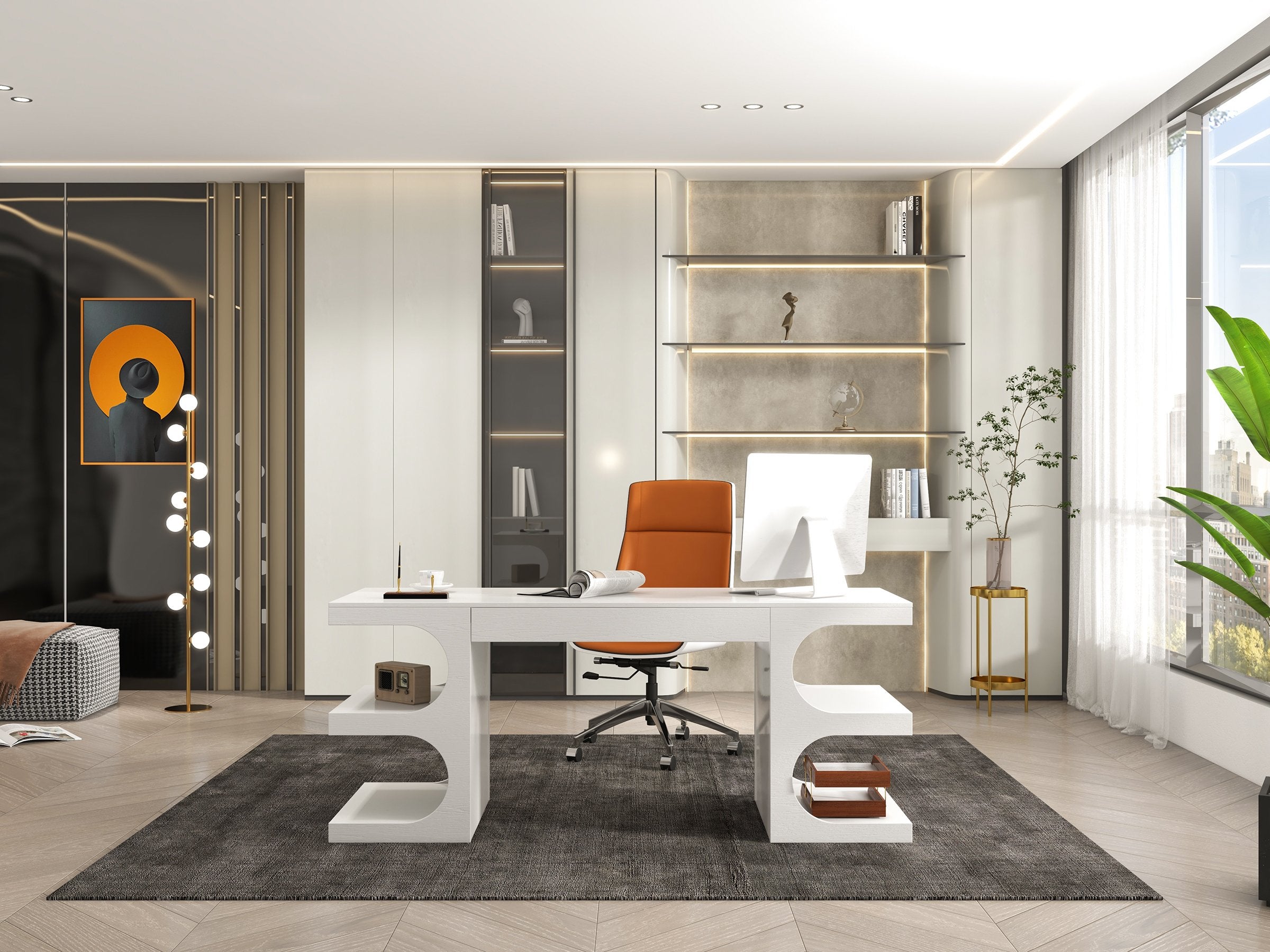 HMR - 64.2" Modern Writing Desk Office Desk with 1 Drawer & 4 Open Shelves