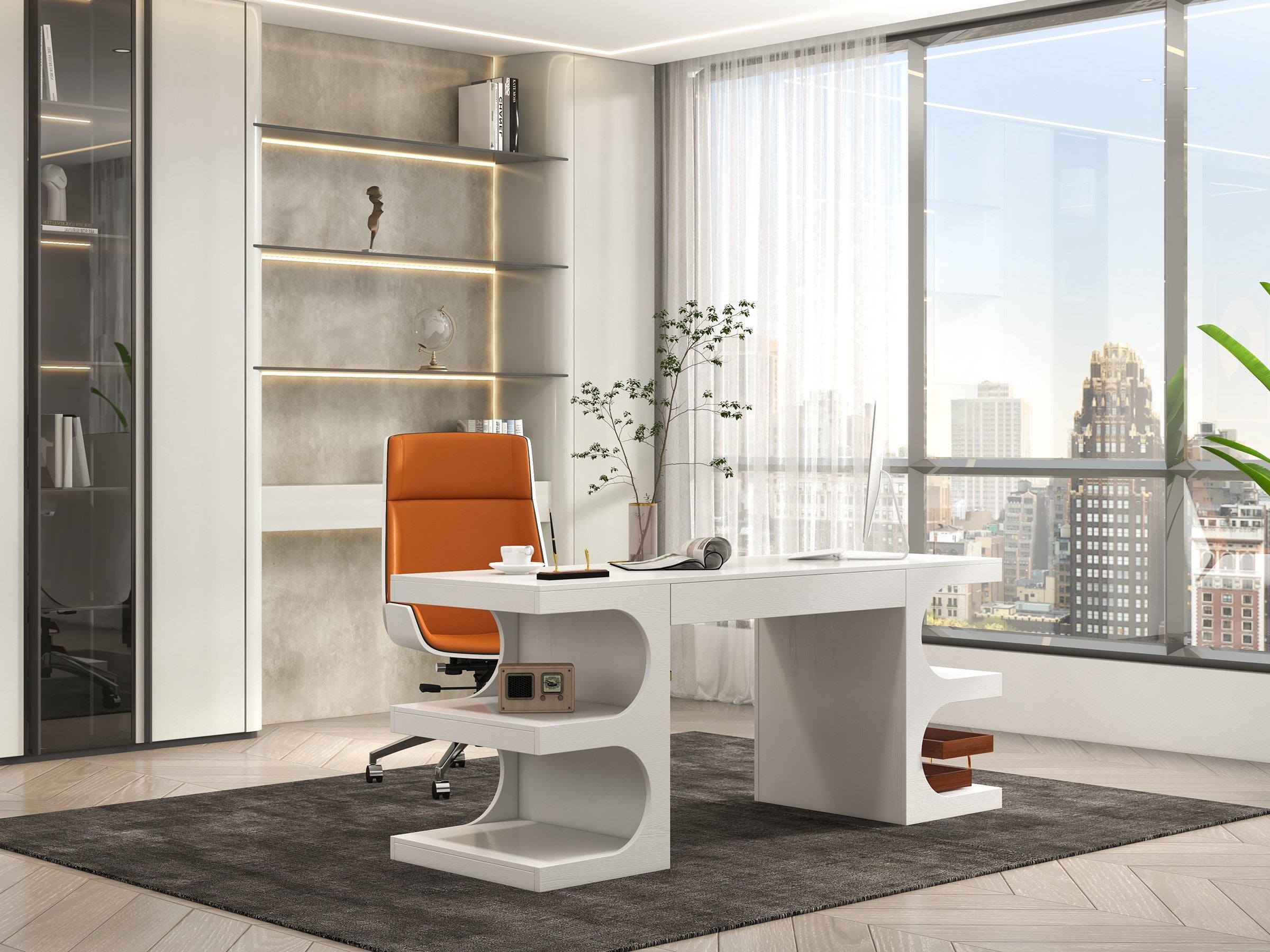 HMR - 64.2" Modern Writing Desk Office Desk with 1 Drawer & 4 Open Shelves