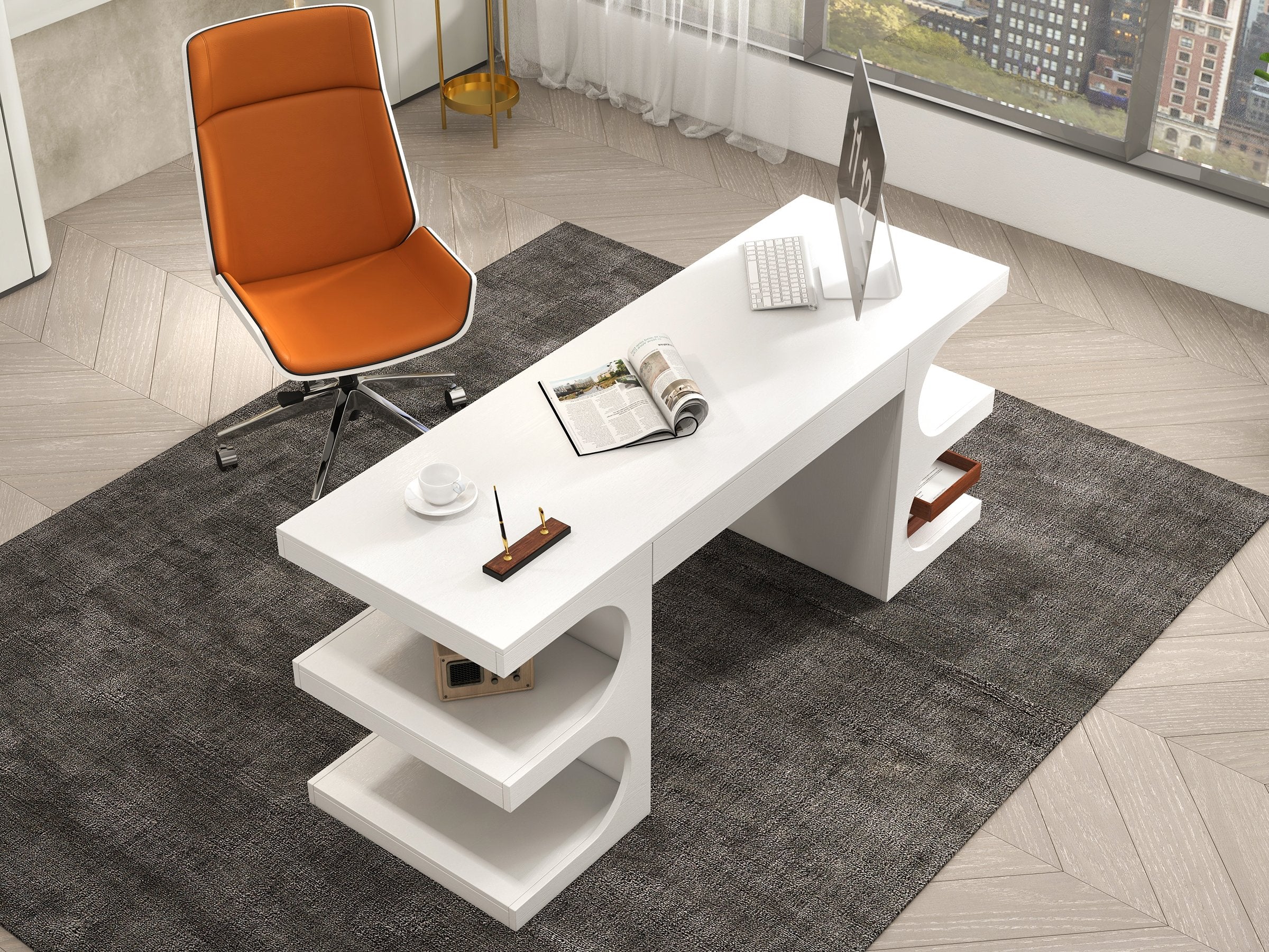 HMR - 64.2" Modern Writing Desk Office Desk with 1 Drawer & 4 Open Shelves