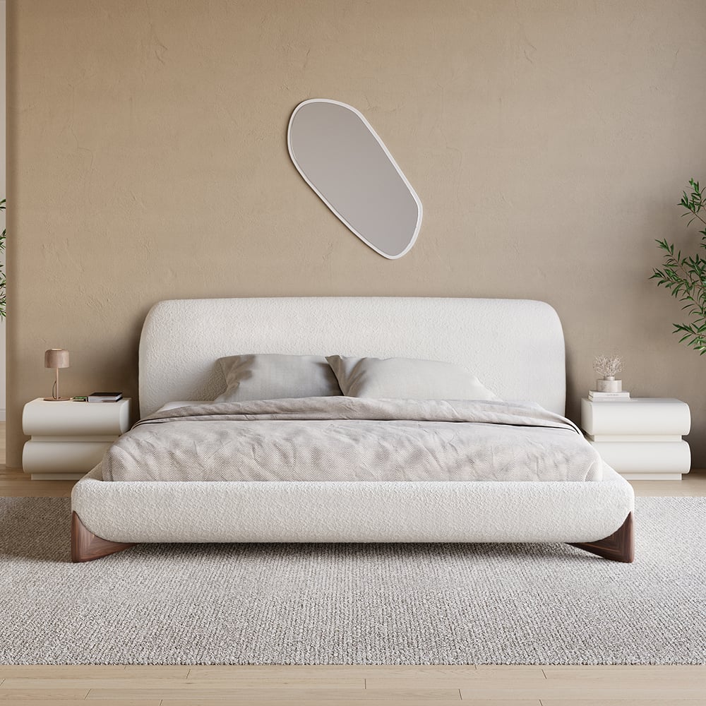 HMR - Modern White Boucle Platform Bed & 2 Smart Boucle Nightstand Style A