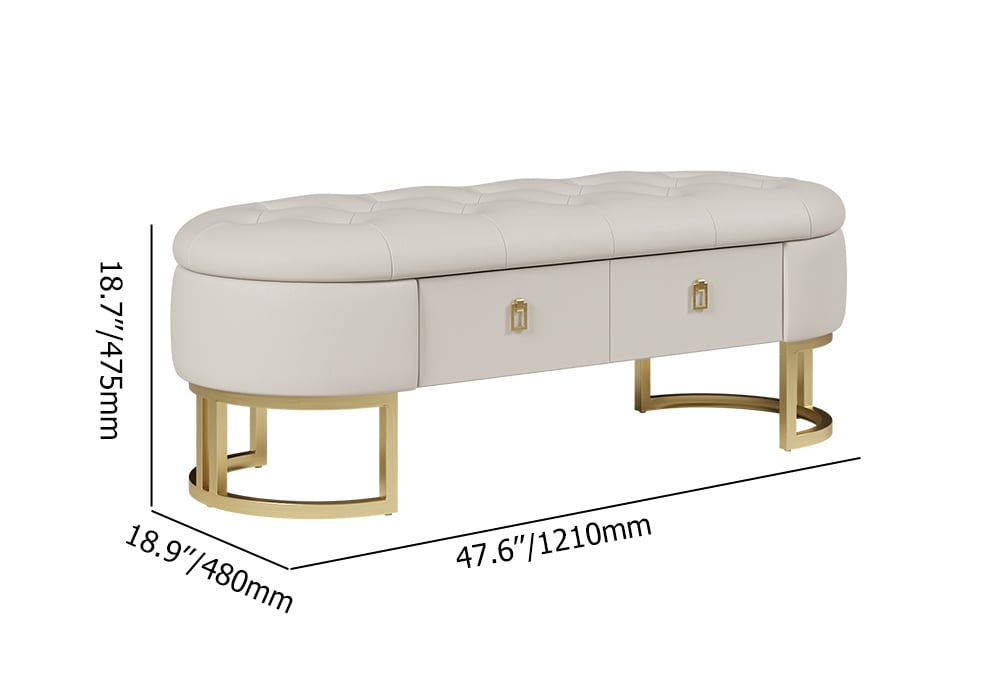 HMR - Modern Beige Bedroom Storage Tufted Bench with 2 Drawers in Leather Upholstery