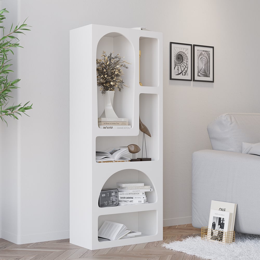 HMR - Codiys 59.1" Art Deco White Arched Bookcase Tall Open Geometric Japandi Bookshelf Wood