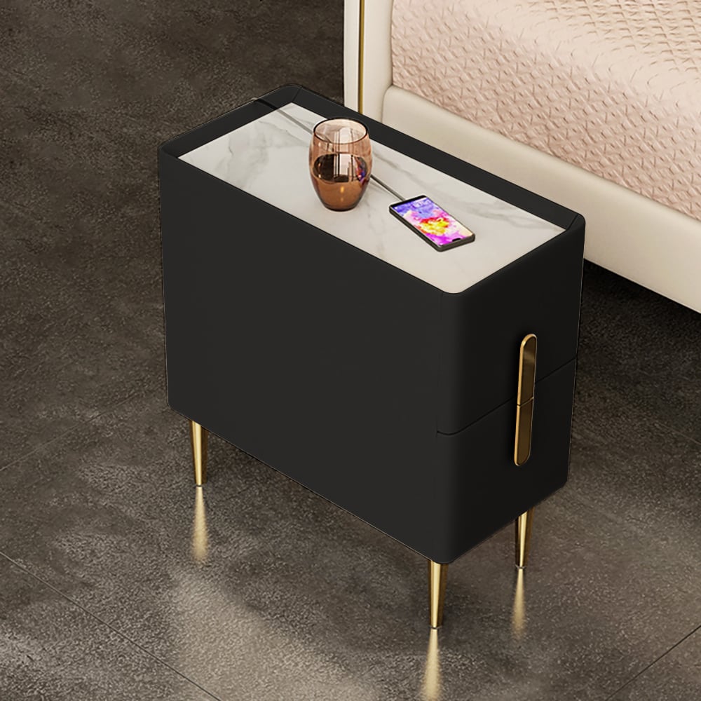 HMR - Inarrow Modern Nightstand Bedside Table with 2 Drawers in Gold Legs