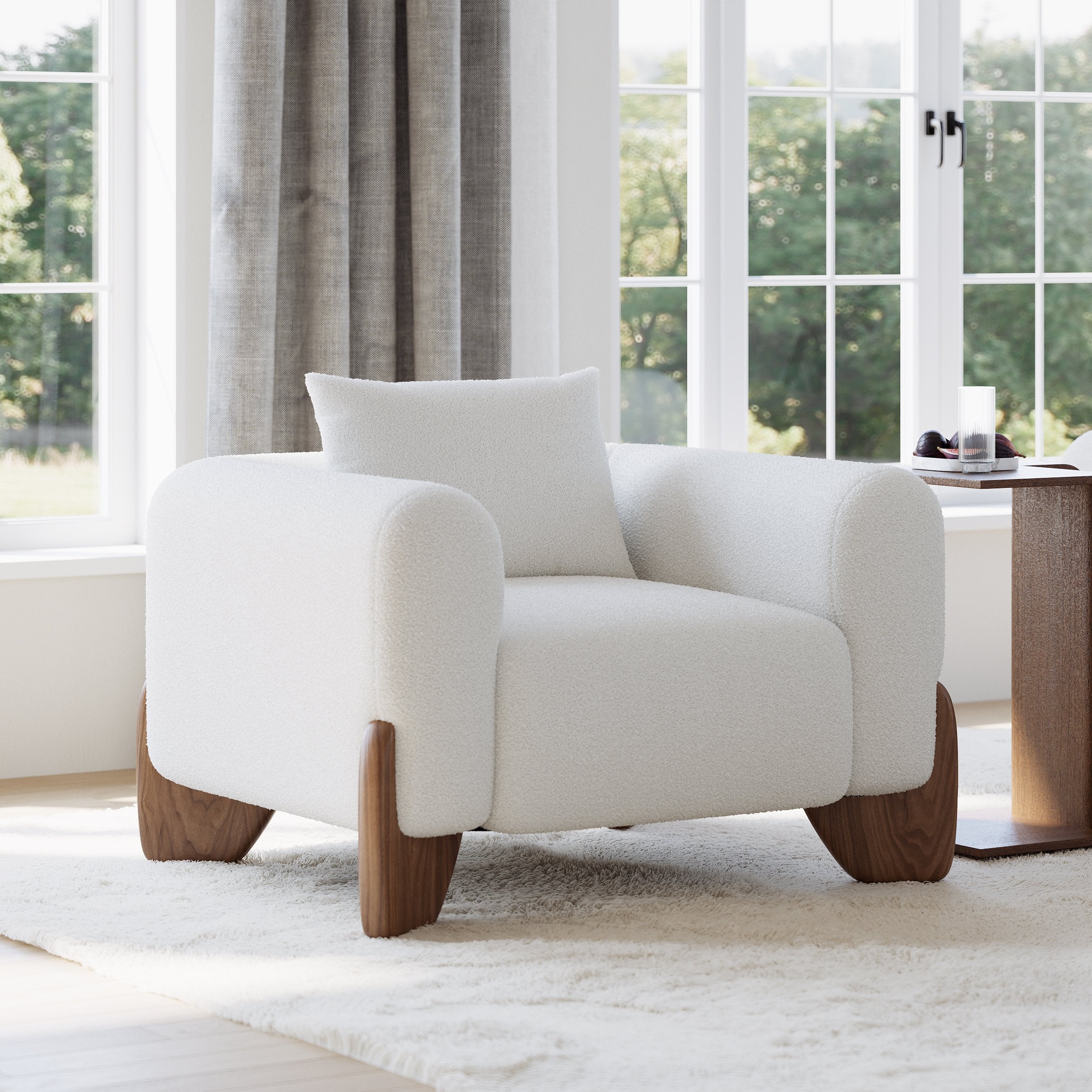 HMR - Curva White Boucle Accent Chair with Wood Frame