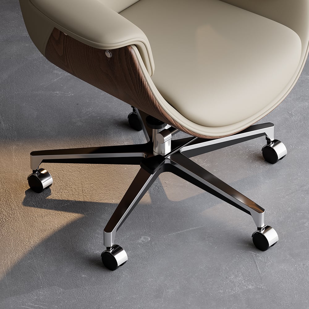 HMR - Gray Leather Modern Home Office Chair Upholstered High Back Desk Chair Wood Grain Frame