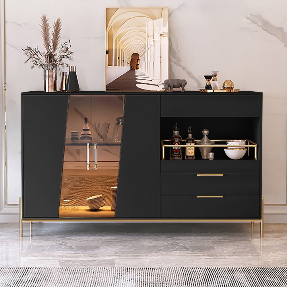 HMR - Dolawn Series 55.1" Modern Wood Sideboard Buffet Tempered Glass Doors with Shelf Tray Wine Rack