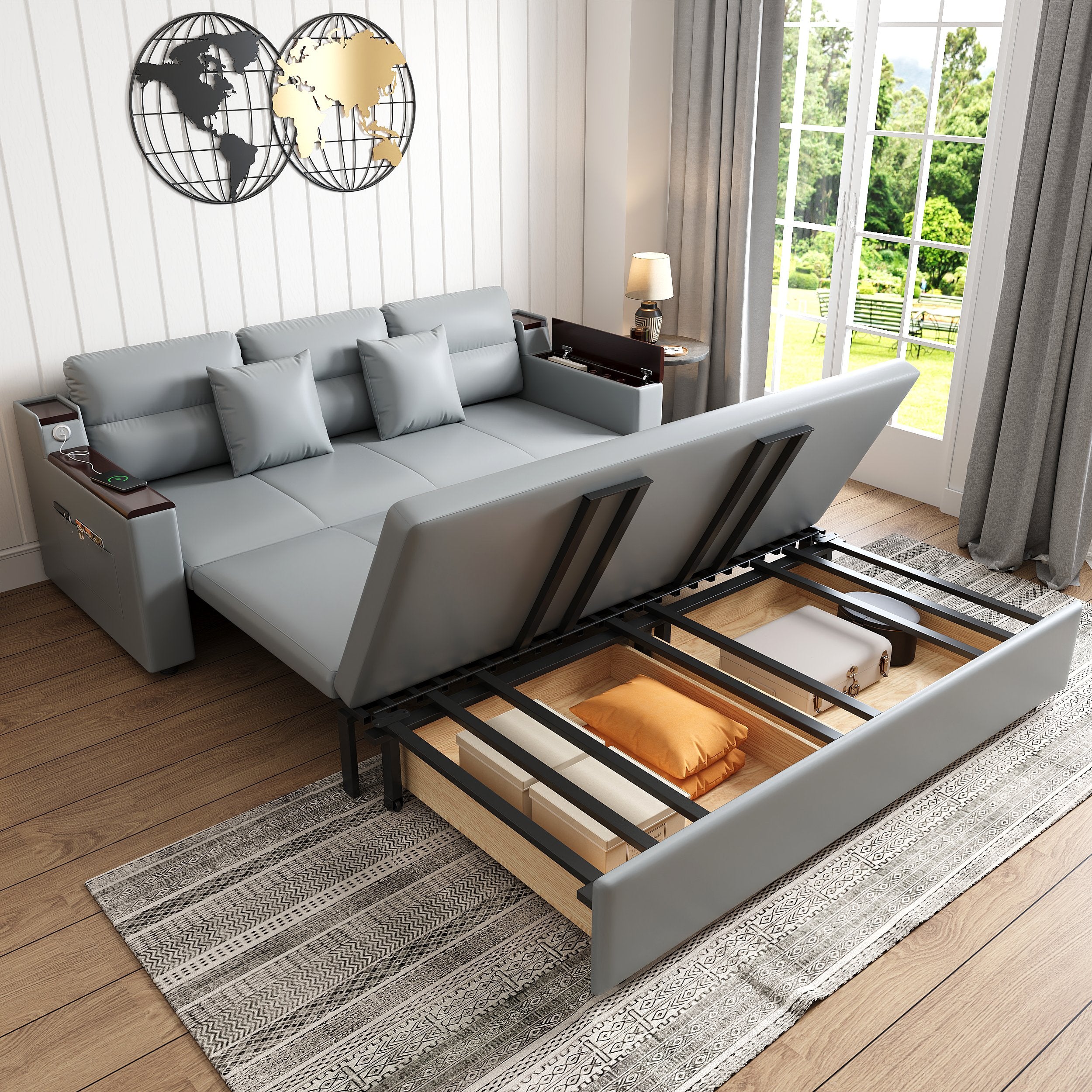 HMR - 83" King 3-Seater Sleeper Sofa with Trundle & USB Port