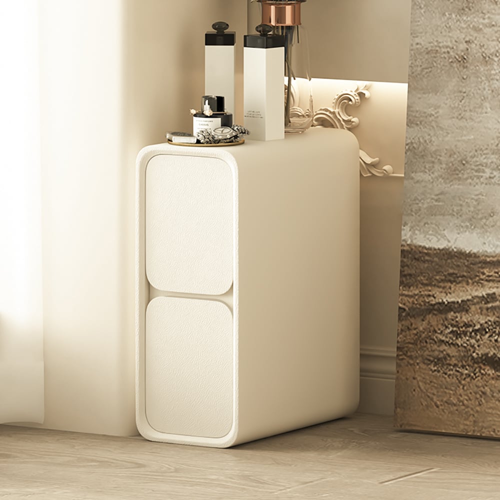 HMR - Modern Narrow Off-White Nightstand 2-Drawer Small Bedside Table with PU Leather
