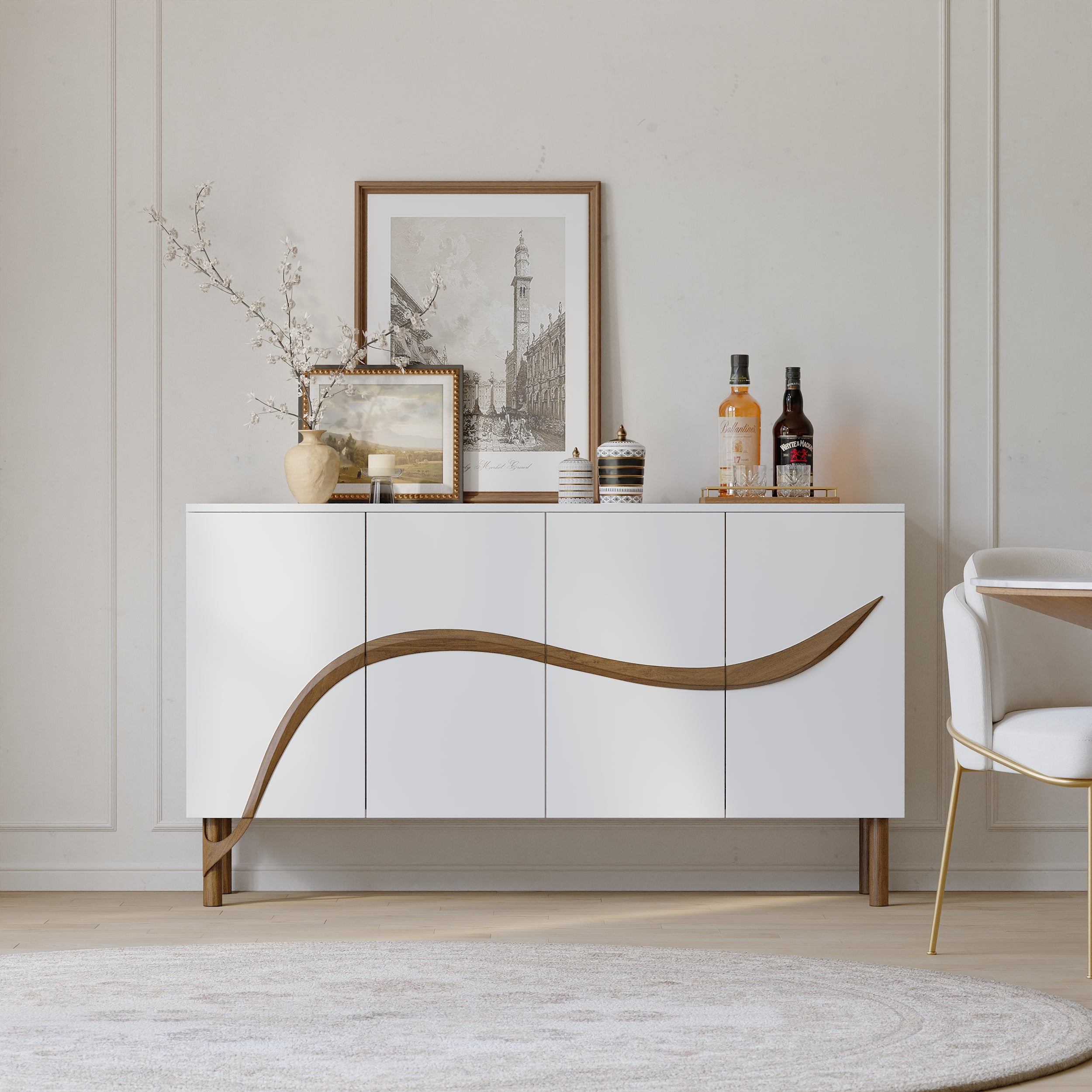 HMR - 63'' White & Walnut Contemporary Sideboard Cabinet 4-Door