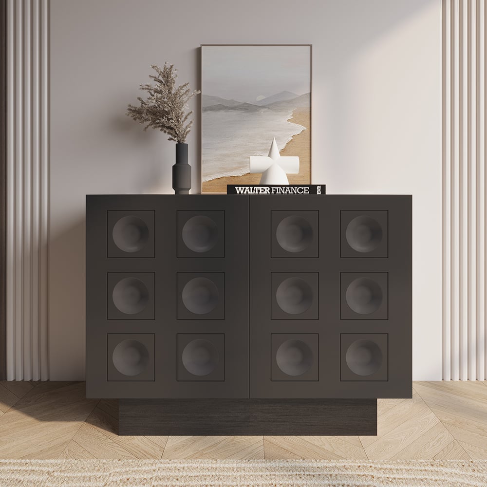 HMR - 41" Black Sideboard Buffet Doors&Drawers Modern Circle Patterned Kitchen Cabinet
