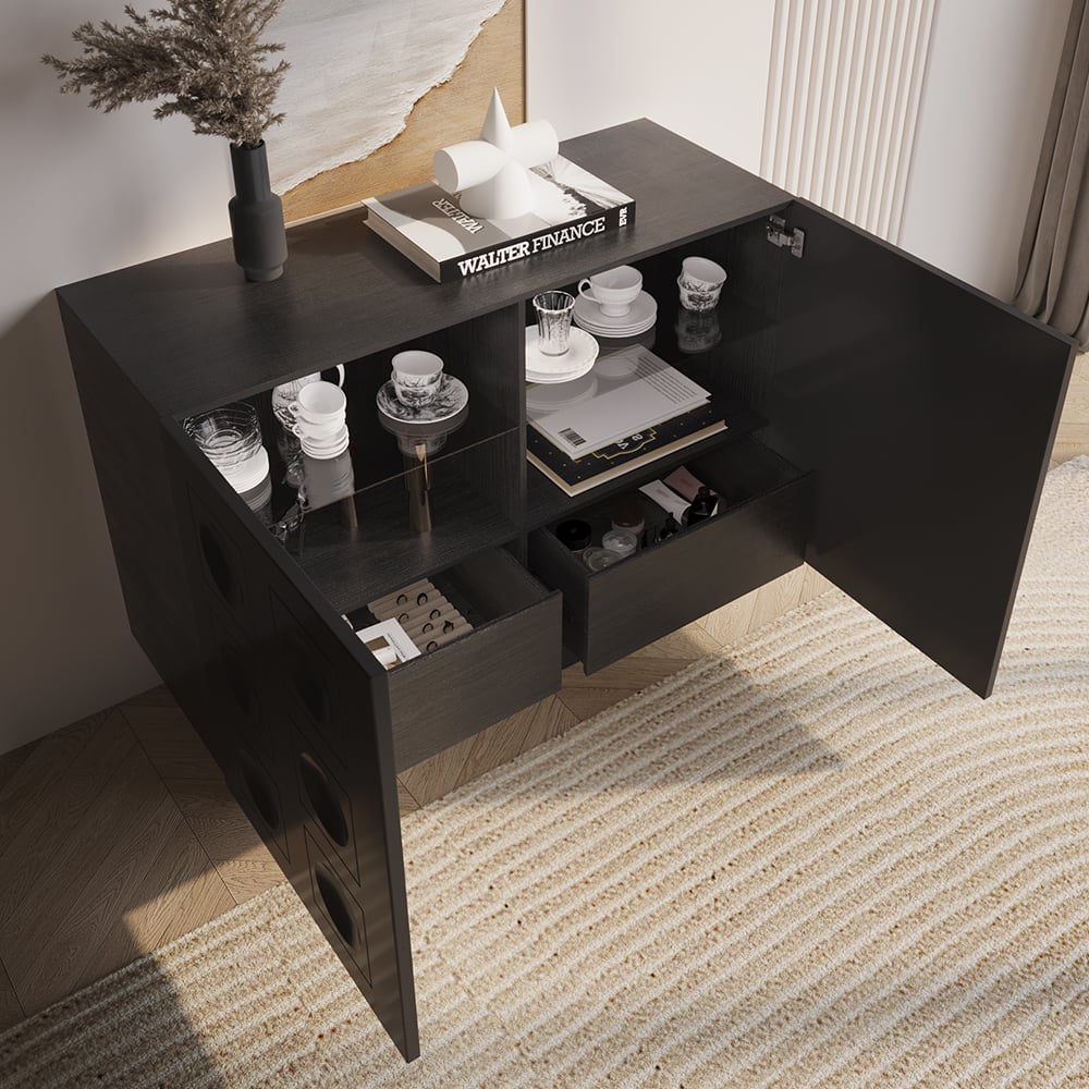 HMR - 41" Black Sideboard Buffet Doors&Drawers Modern Circle Patterned Kitchen Cabinet