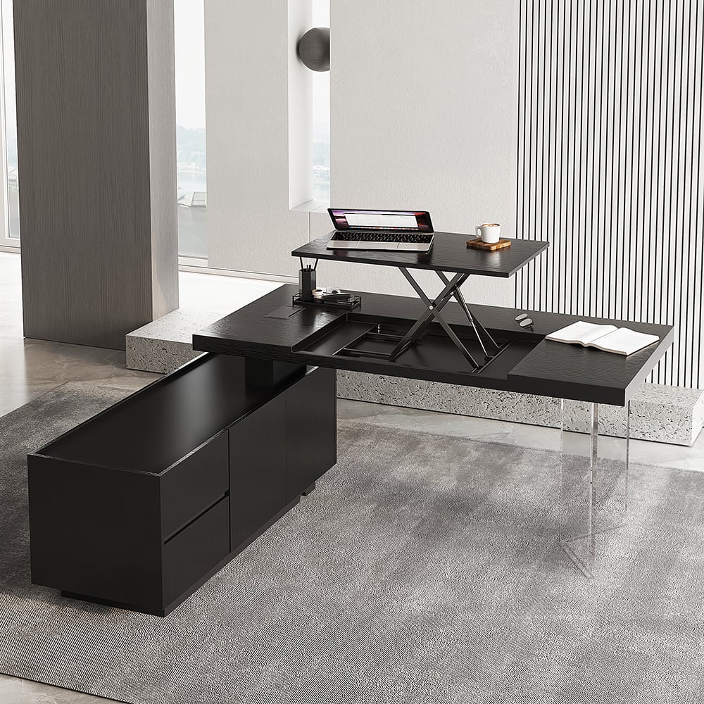 HMR - 71.5" Modern L-Shape Standing Executive Desk with Side Cabinet and lifter Desktop