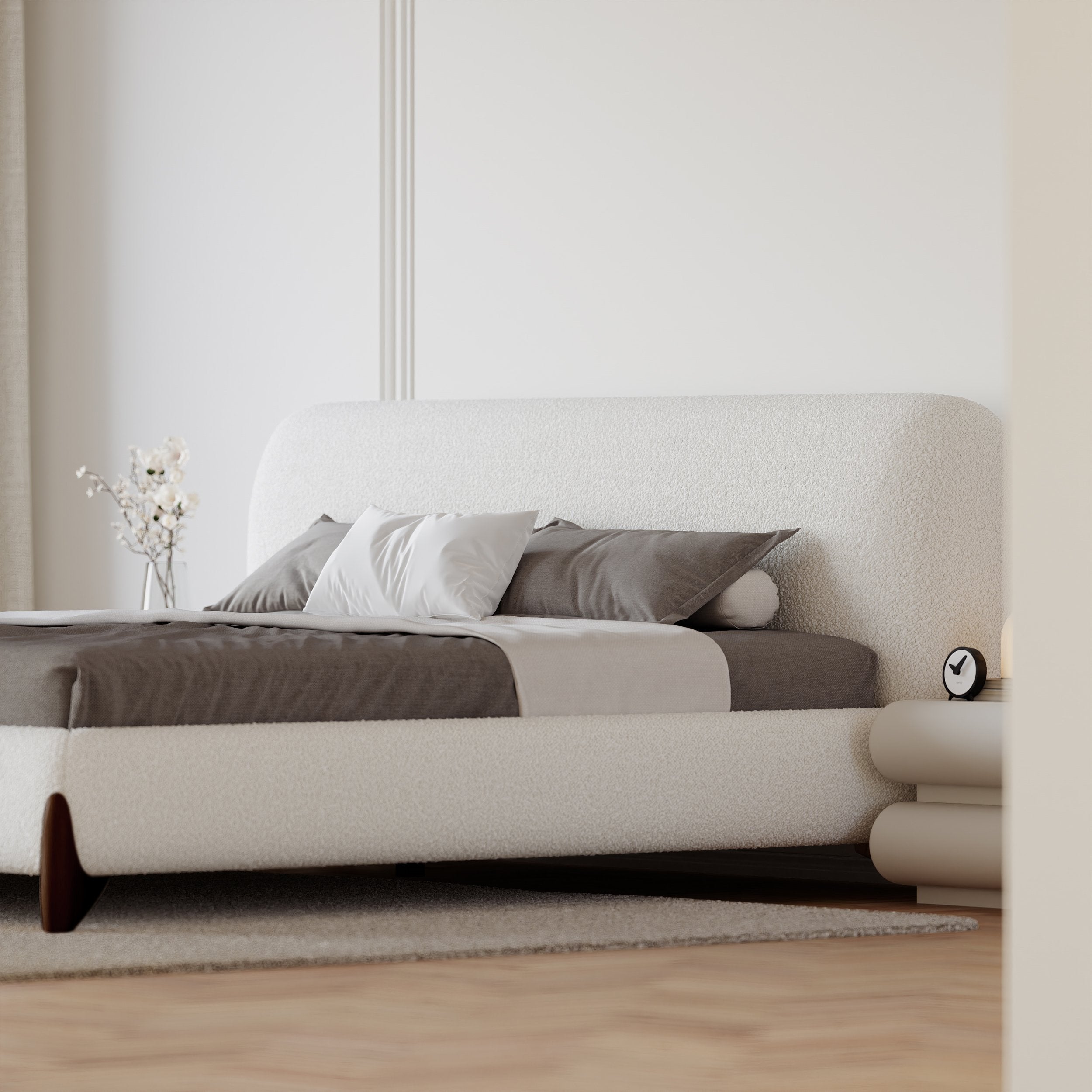 HMR - Curva White Boucle Platform Bed & Bedroom Bench Set