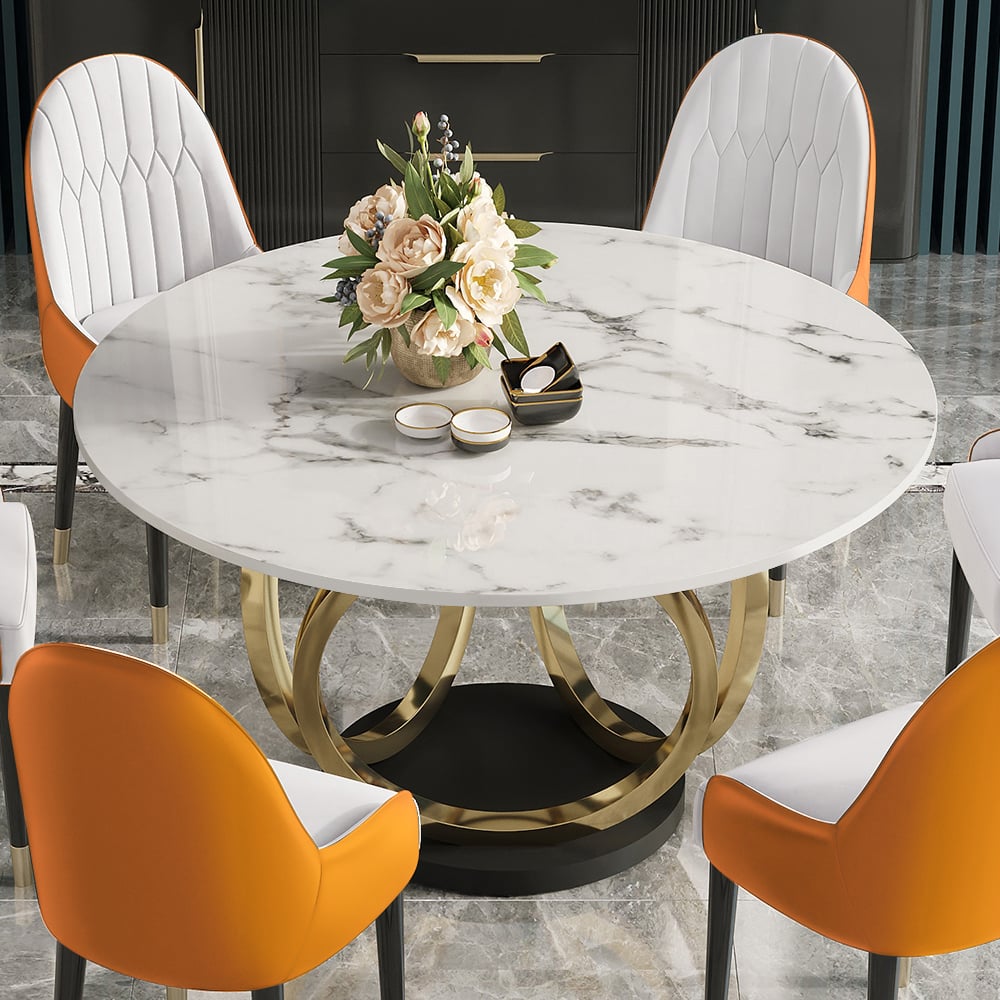 HMR - Dining Set 53.1" Modern Style Round Sintered Stone Dining Table with 6 Chairs
