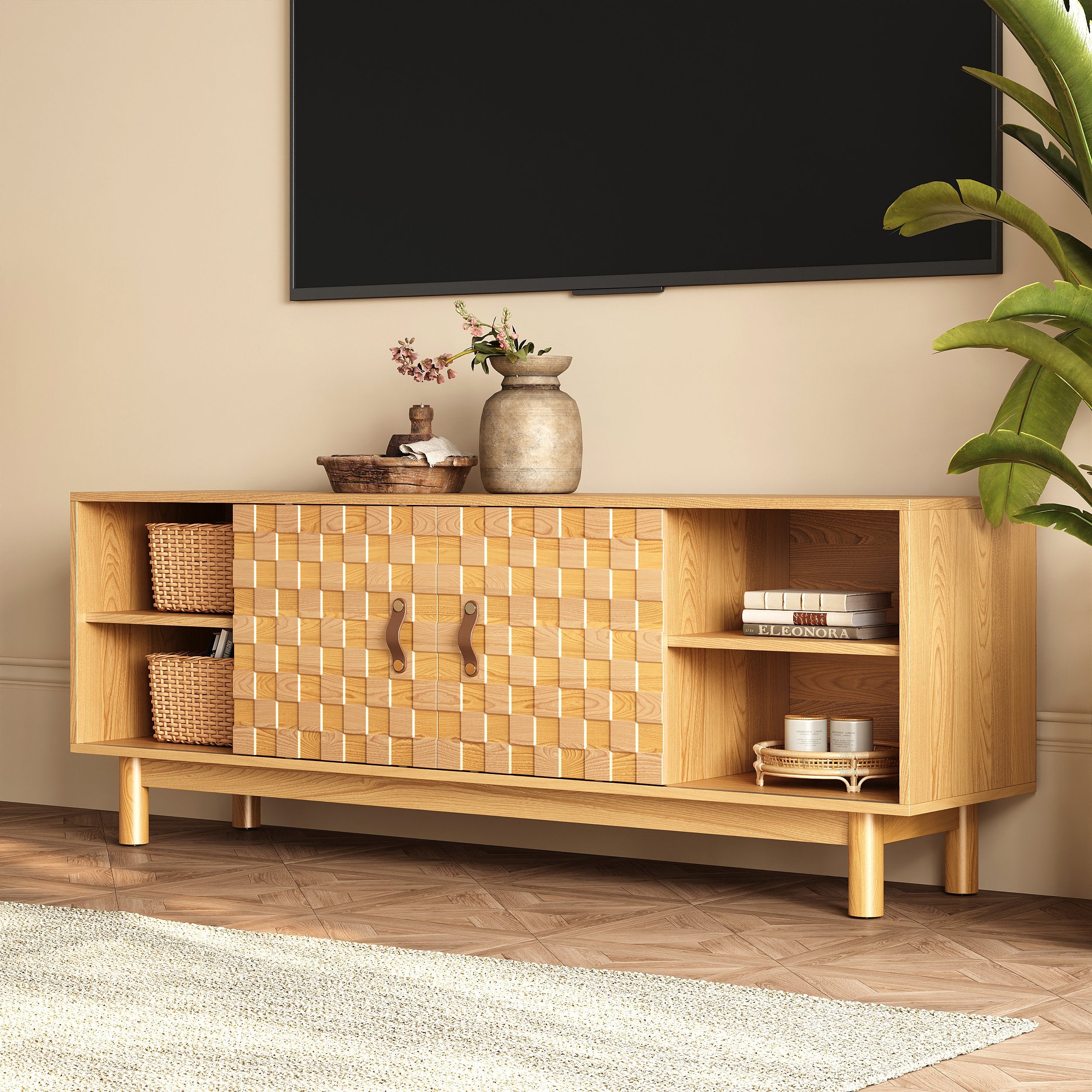 HMR - 62.2" Natural Wood Mid Century TV Stand with Storage