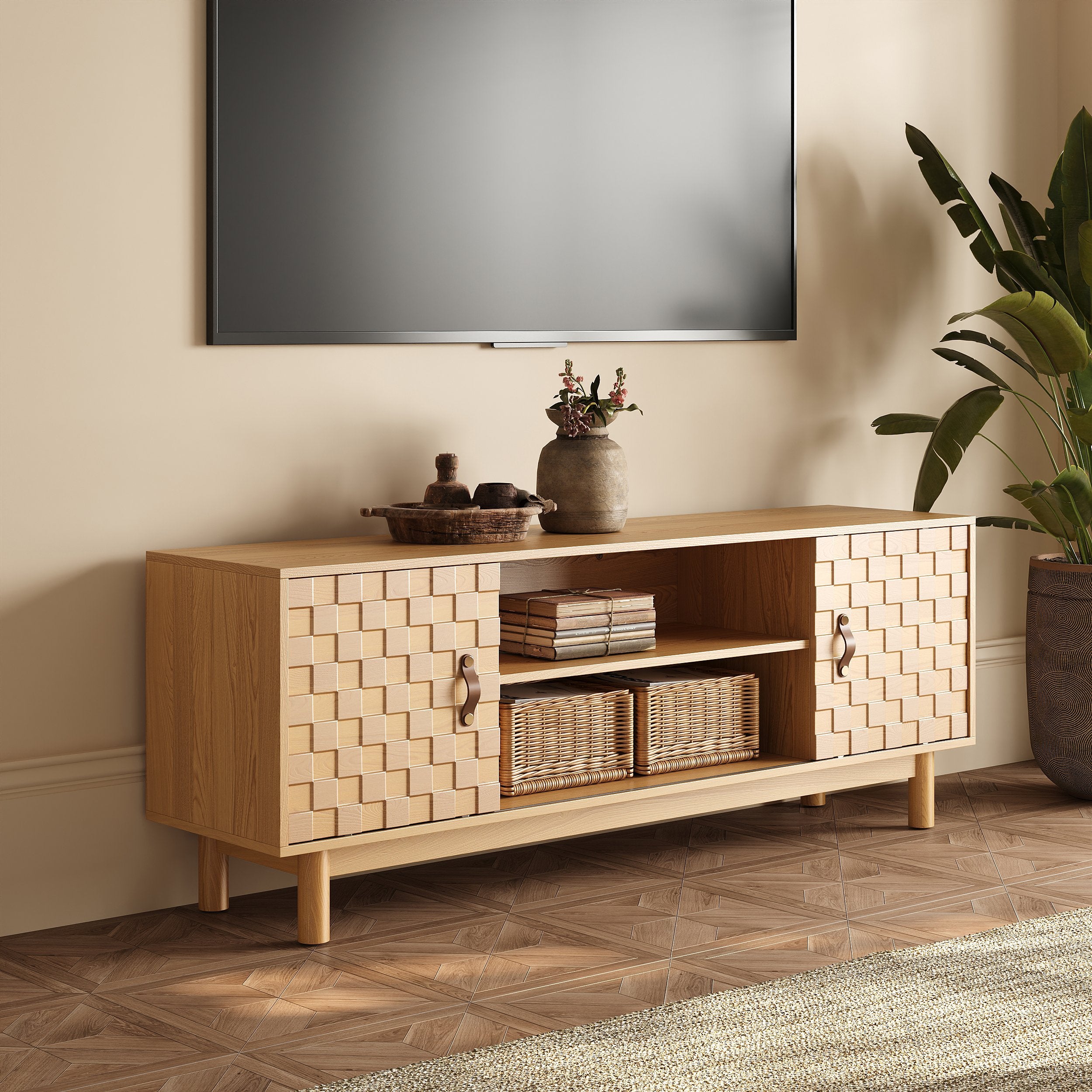 HMR - 62.2" Natural Wood Mid Century TV Stand with Storage