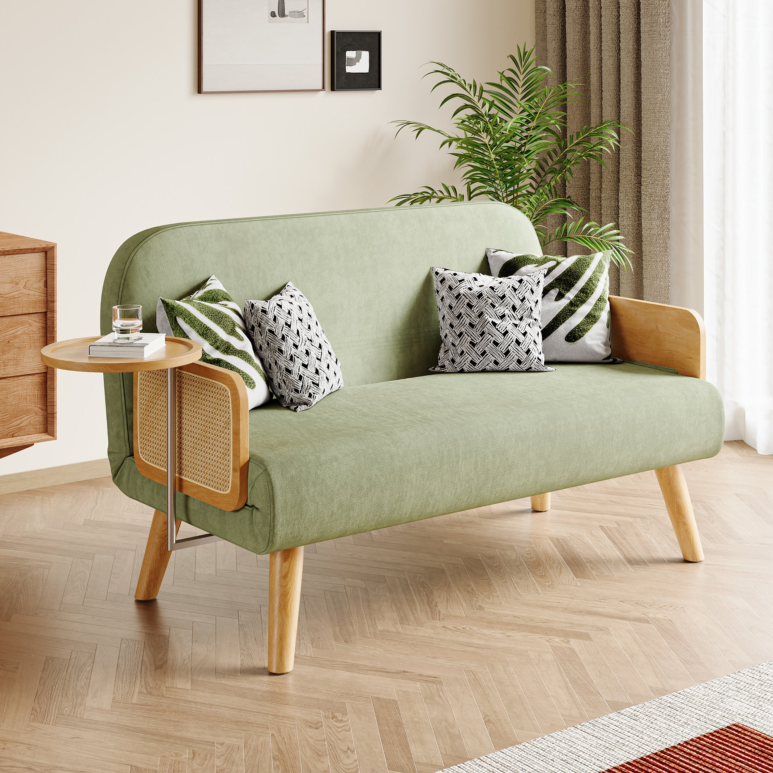 HMR - Velvet & Rattan Sleeper Sofa with Tray
