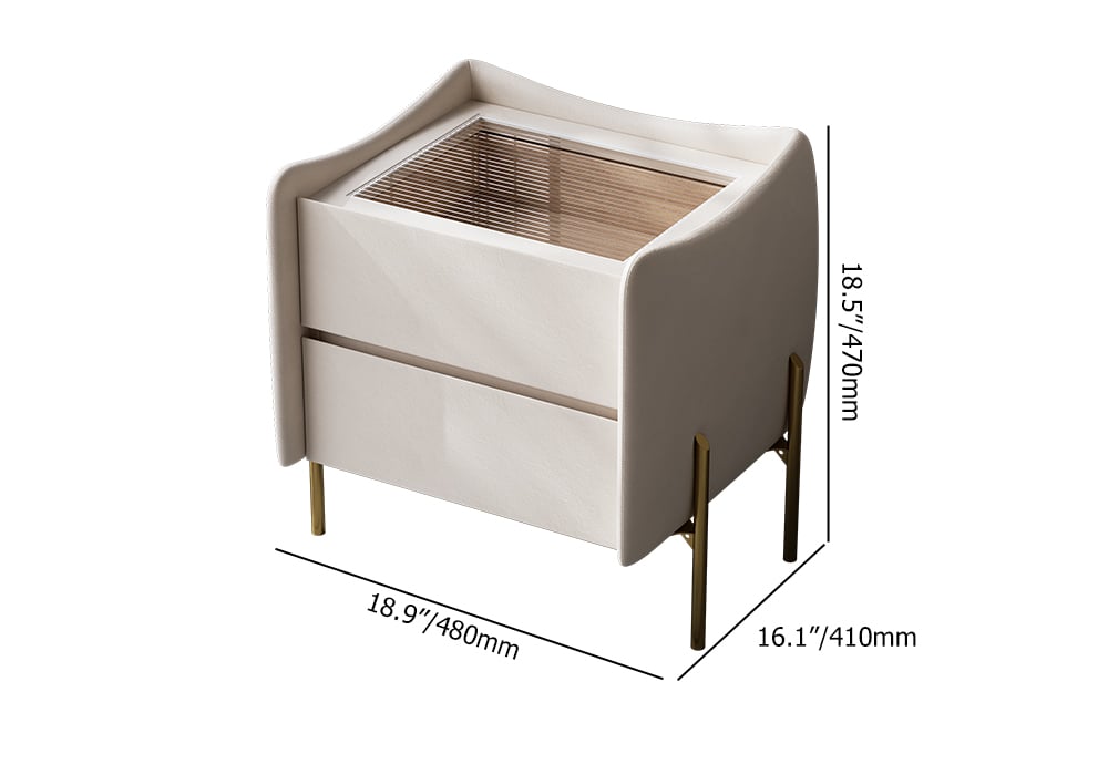 HMR - Modern White 2 Drawer Leather Nightstand Bedside Table with Glass Top