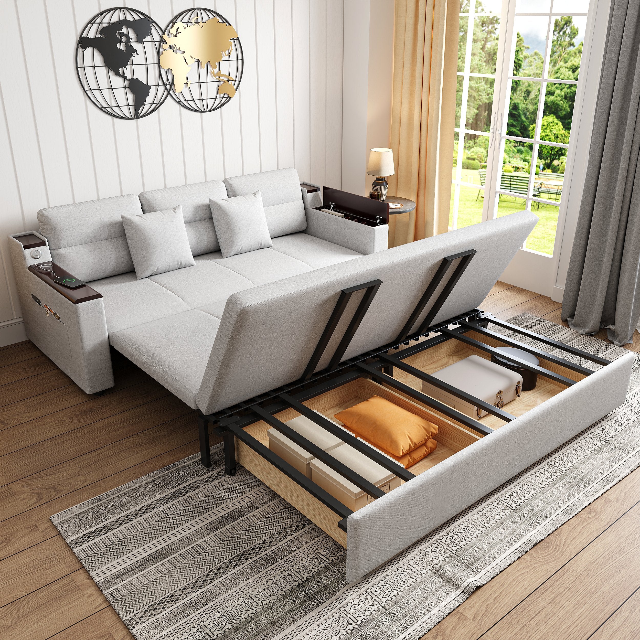 HMR - 83" King 3-Seater Sleeper Sofa with Trundle & USB Port