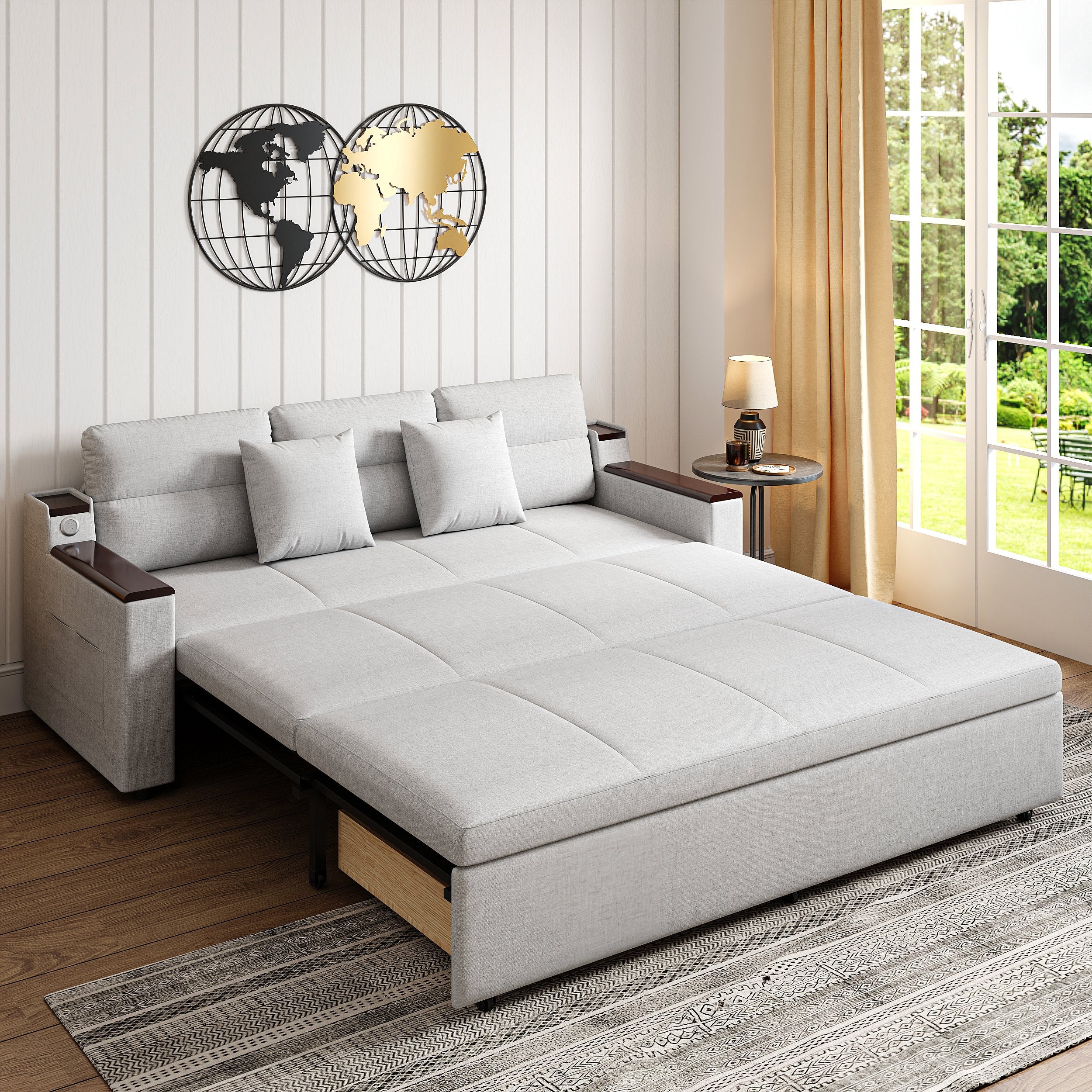 HMR - 83" King 3-Seater Sleeper Sofa with Trundle & USB Port