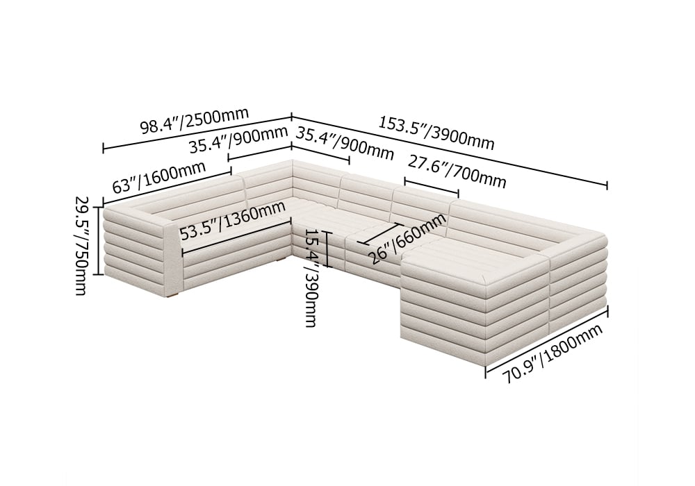 HMR - 126" U-Shaped Modern Modular Sectional Sofa for 8 Seaters