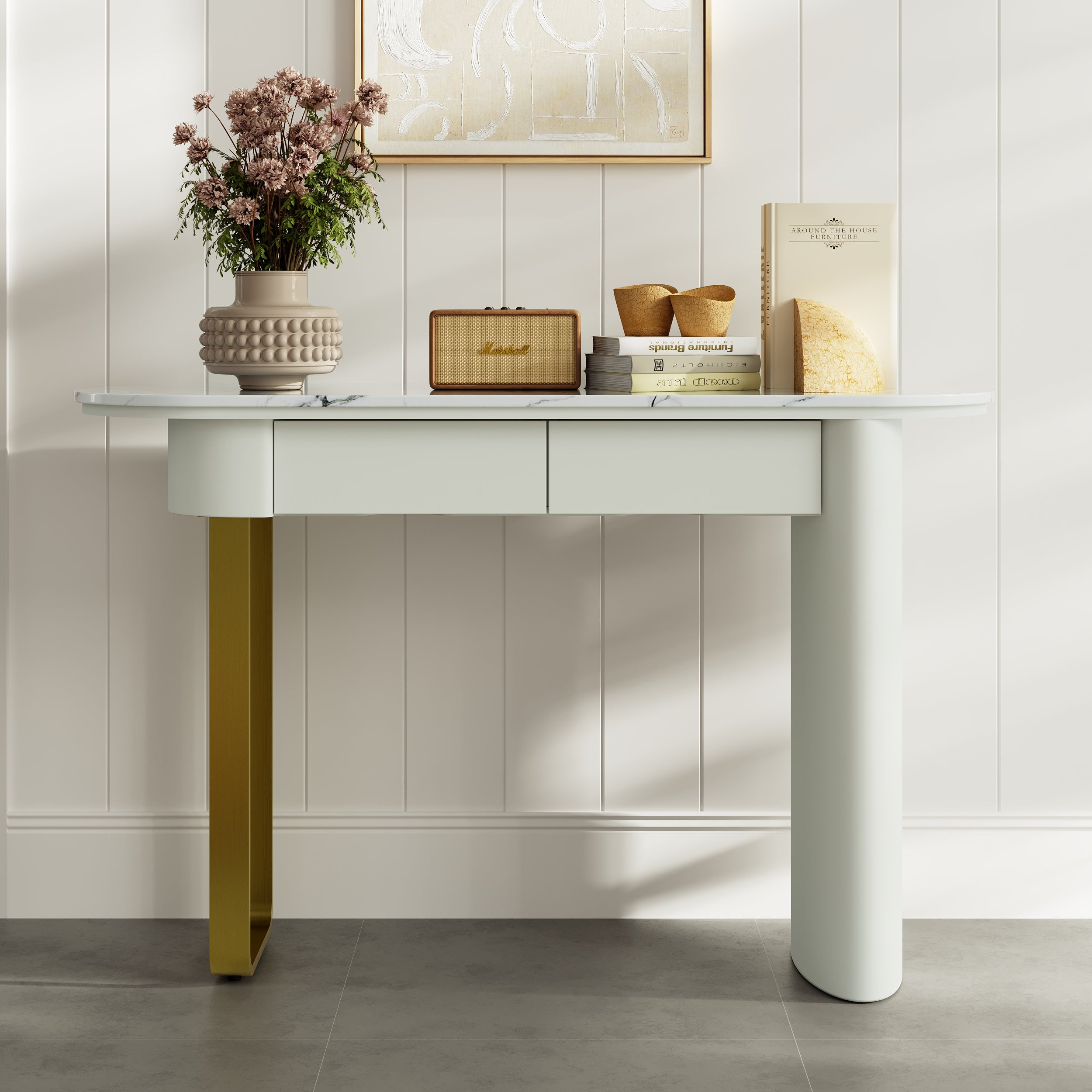 HMR - 45" White Marble Console Table with 2-Drawer