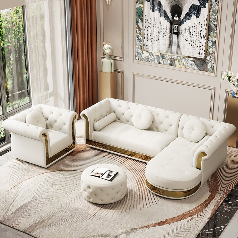 HMR - Dodiy Modern L-Shaped White Tufted Corner Sectional Sofa 6-Seater with Ottoman & Pillows