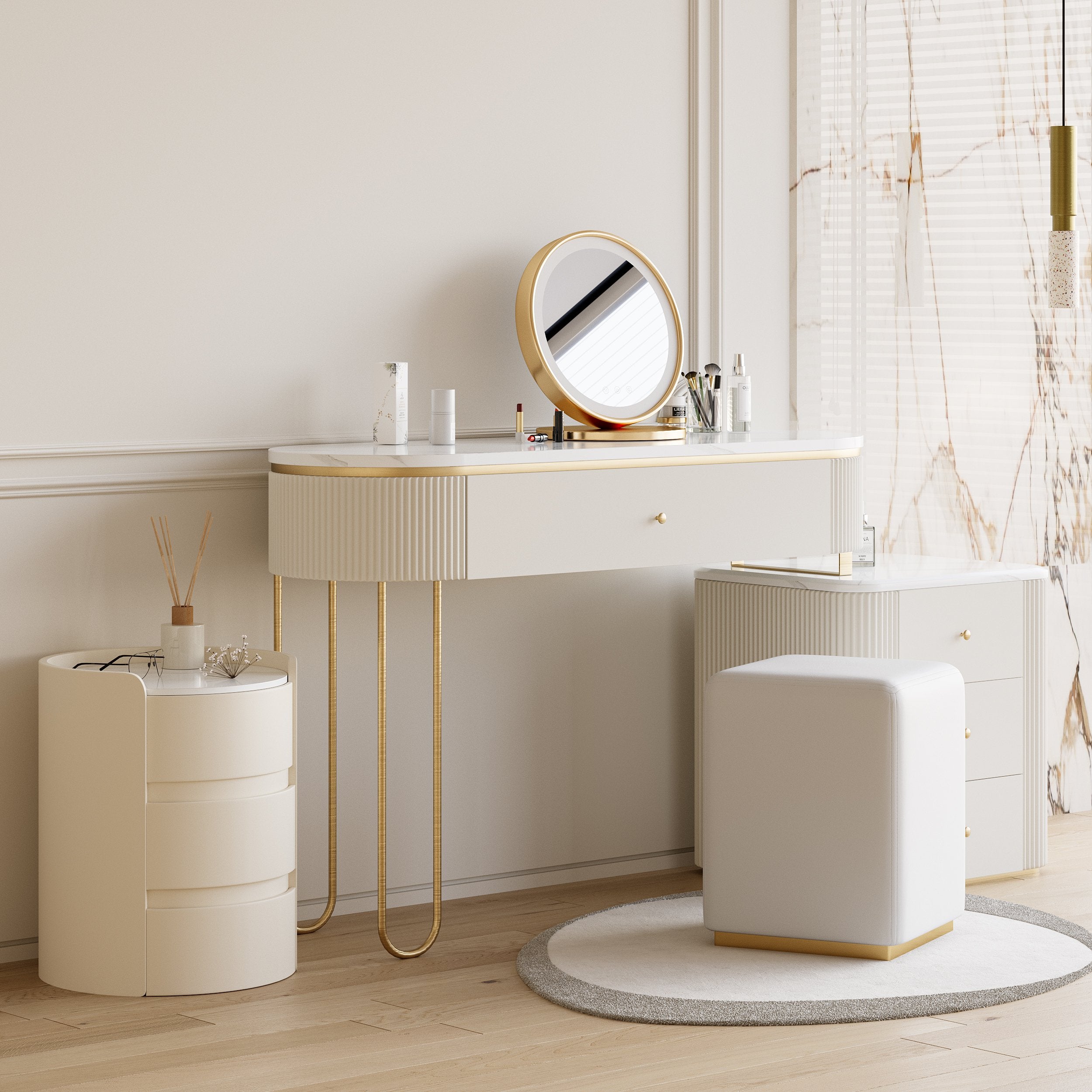 HMR - Modern white bedside tables with 3-drawer marble and leather