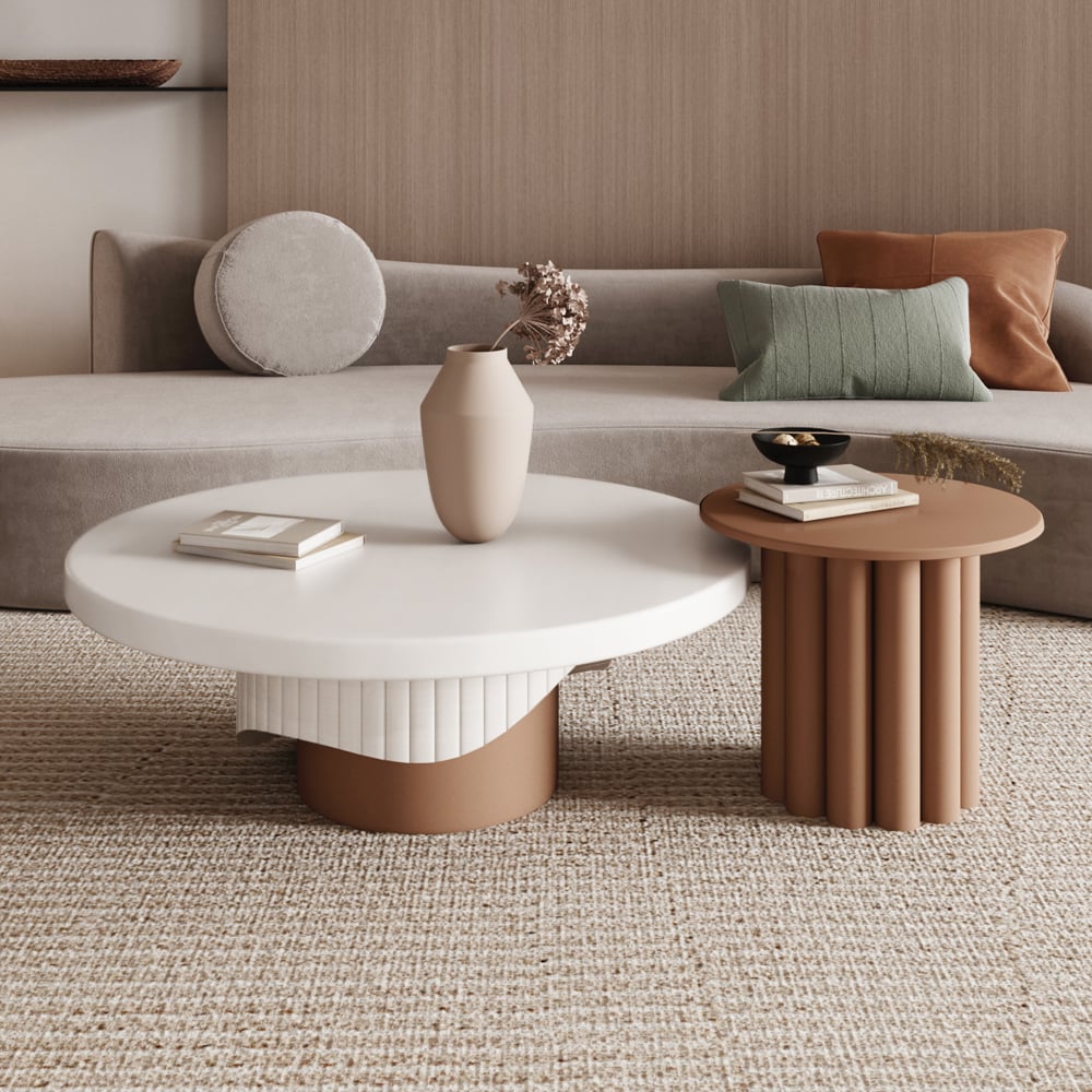 HMR - Yarnic 2-Piece Round Wood Coffee Table Set with Fluted Base in White & Walnut