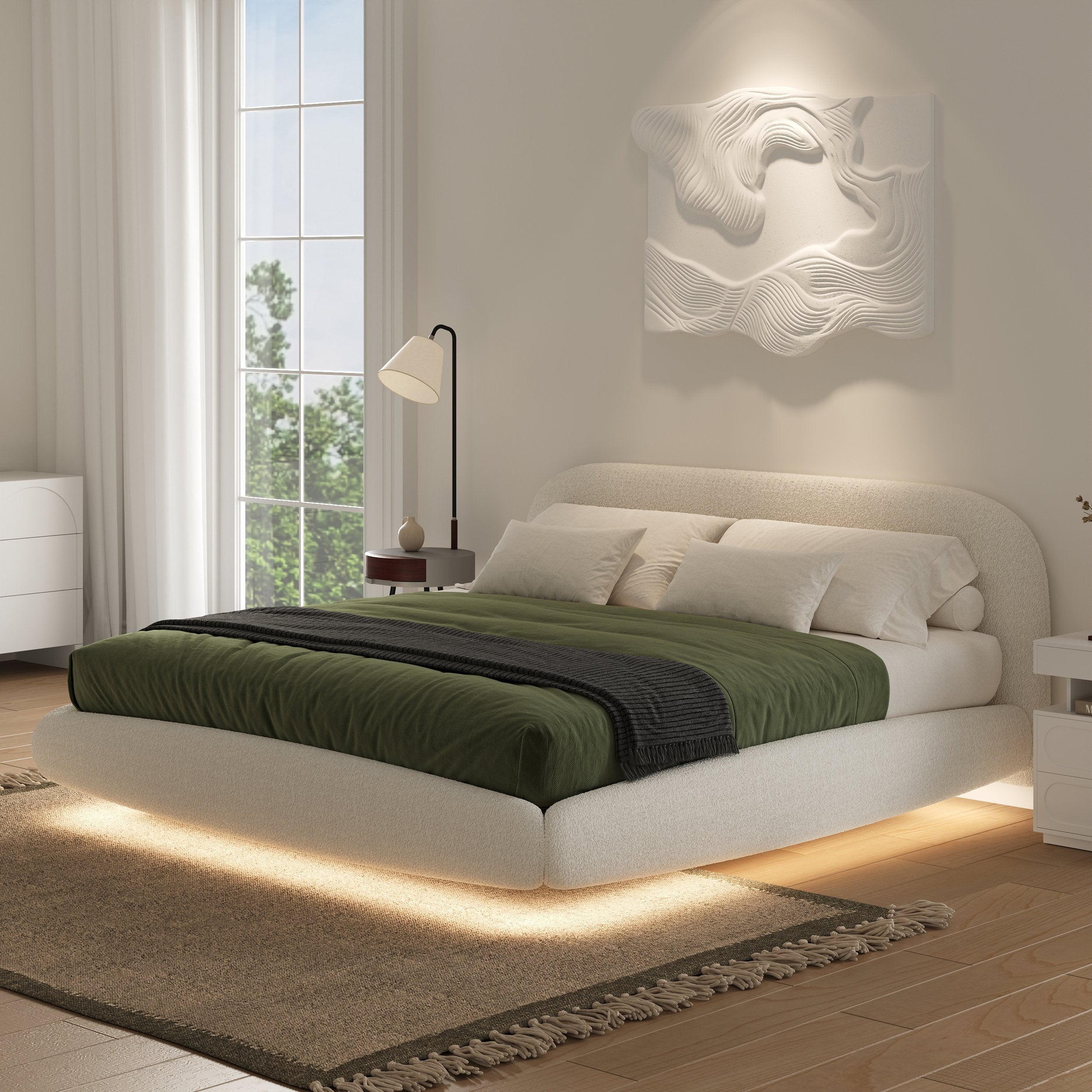 HMR - King Size Boucle Upholstered Floating Bed Frame with Light