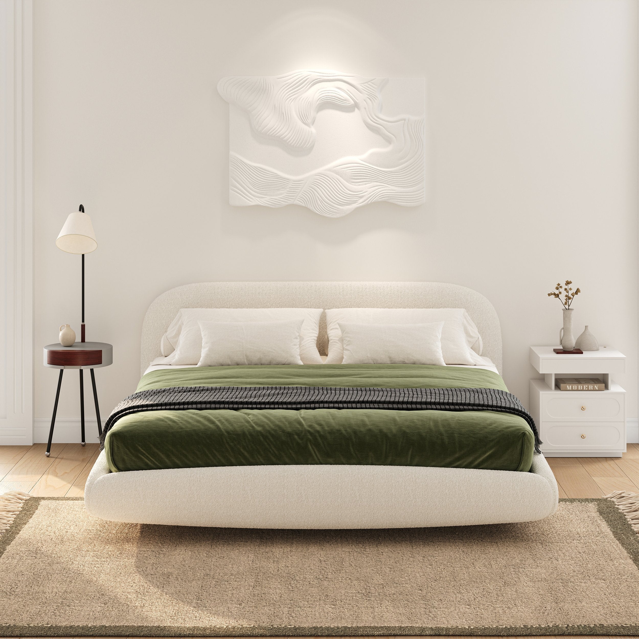 HMR - King Size Boucle Upholstered Floating Bed Frame with Light