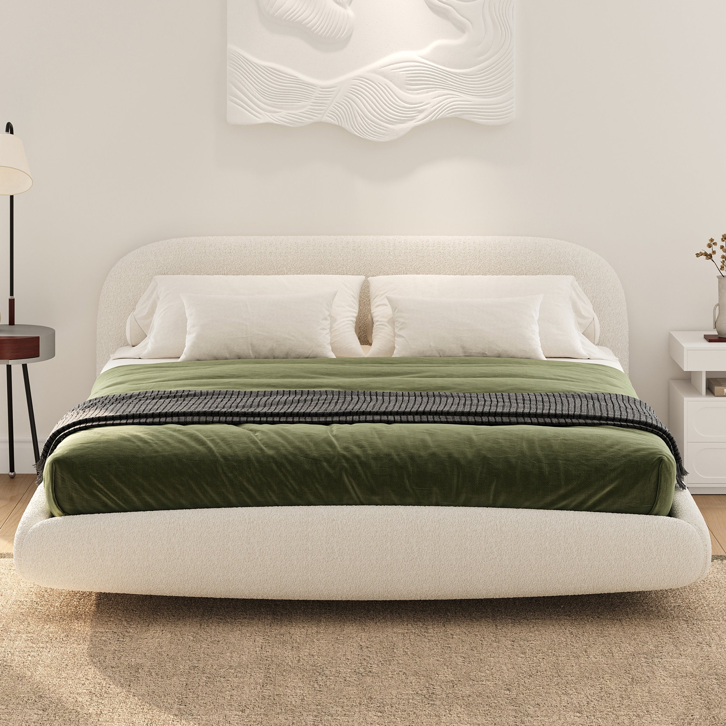 HMR - King Size Boucle Upholstered Floating Bed Frame with Light