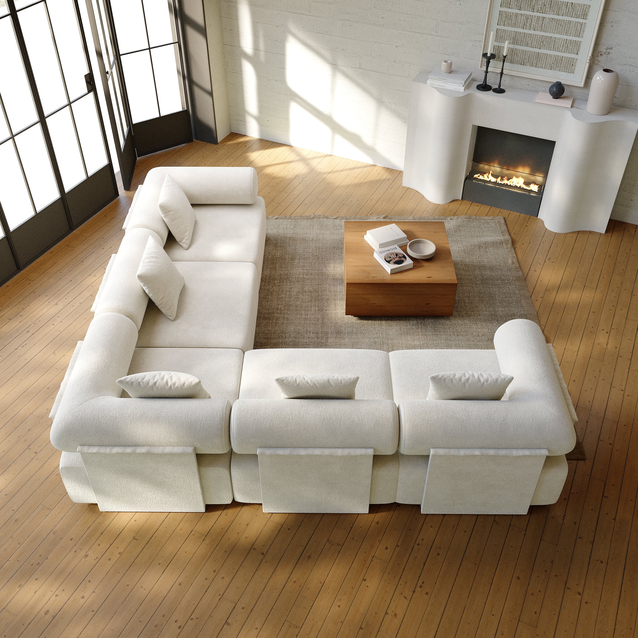 HMR - 110" 5-Piece Modular White Velvet L-Shape Sectional Sofa & Wooden Coffee Table