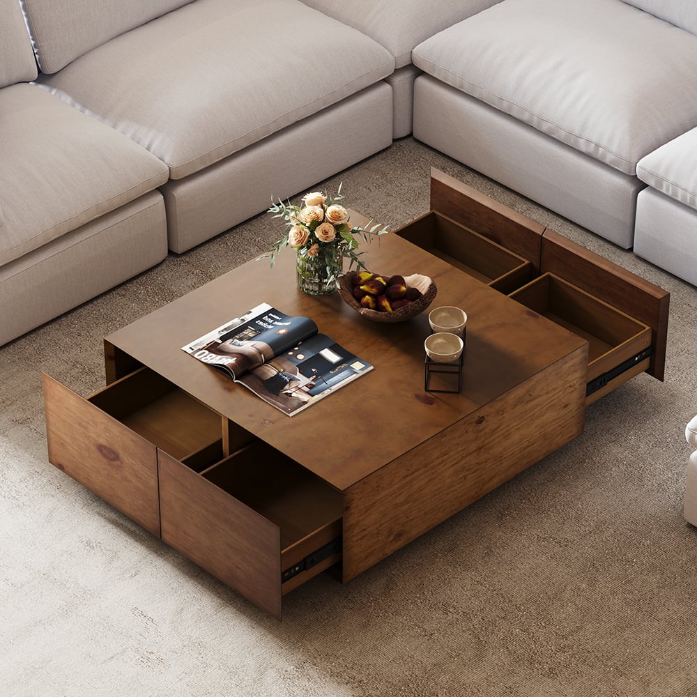 HMR - 110" 5-Piece Modular White Velvet L-Shape Sectional Sofa & Wooden Coffee Table