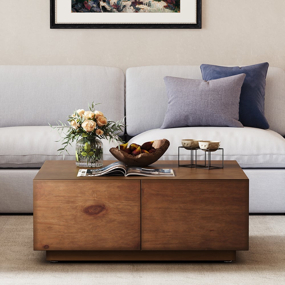 HMR - 110" 5-Piece Modular White Velvet L-Shape Sectional Sofa & Wooden Coffee Table