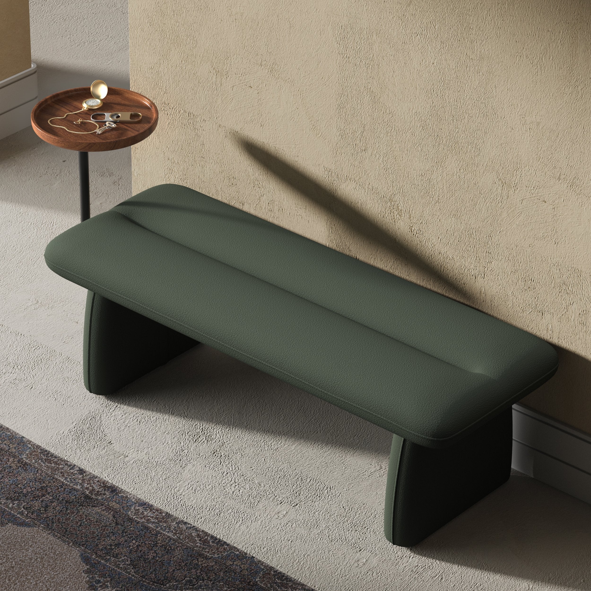 HMR - 54" Modern Green & Teak Entryway Bench with Tray