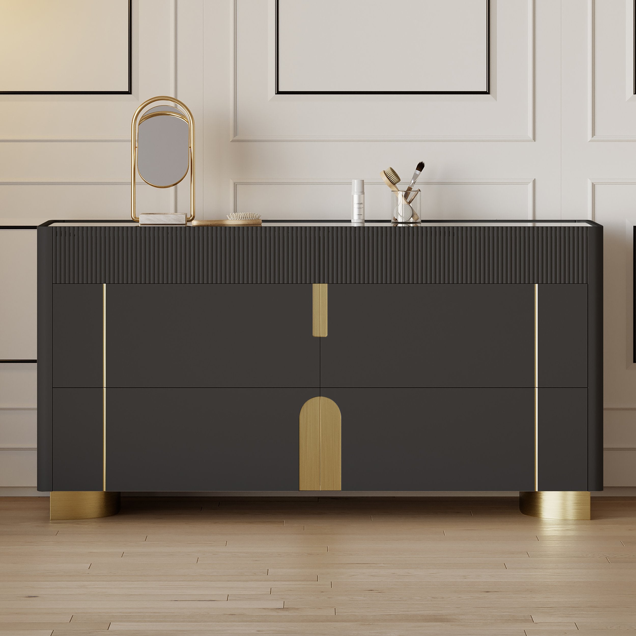 HMR - Artus 59"W 6 Drawer Dresser Glass Top Closet Island with Jewelry Display Storage