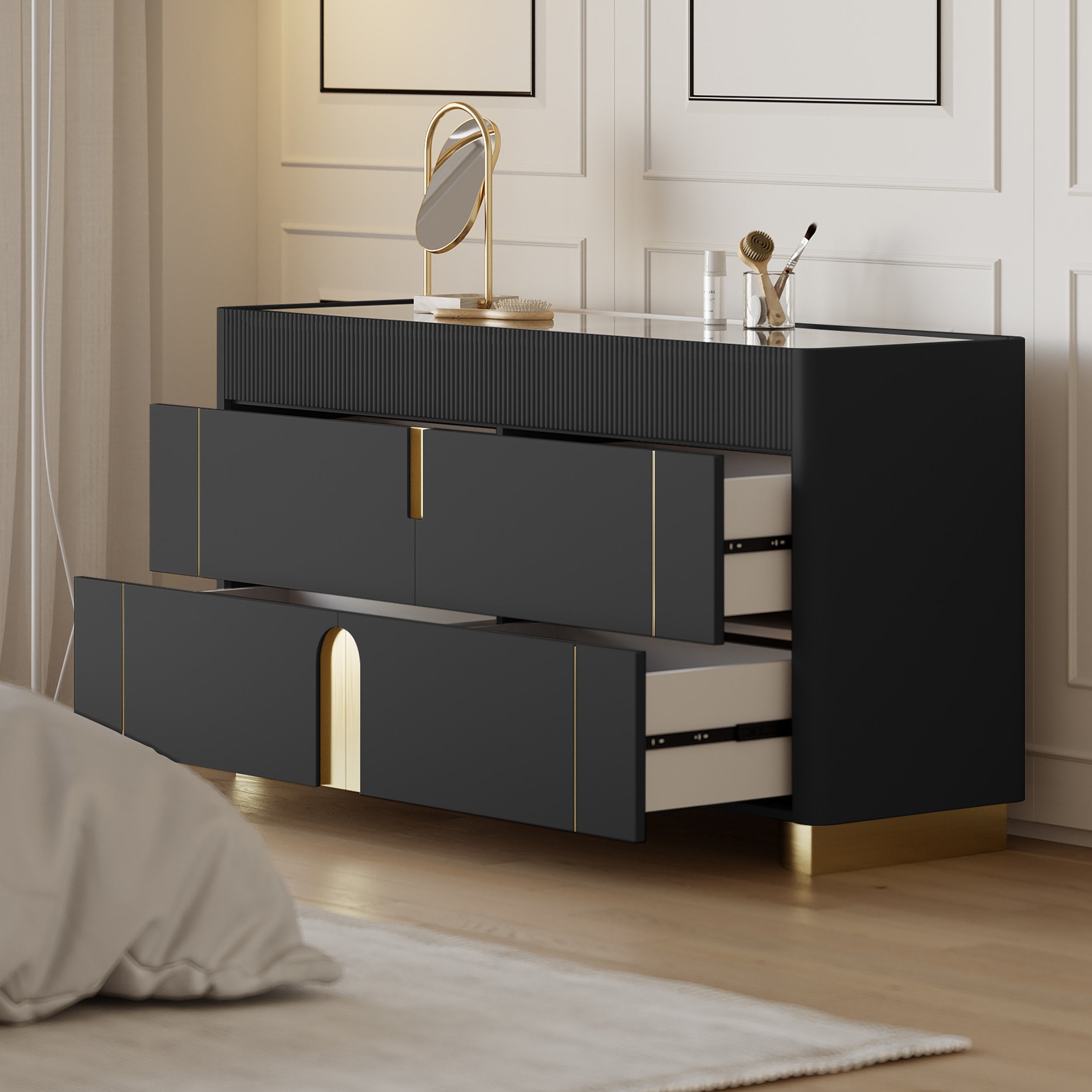 HMR - Artus 59"W 6 Drawer Dresser Glass Top Closet Island with Jewelry Display Storage