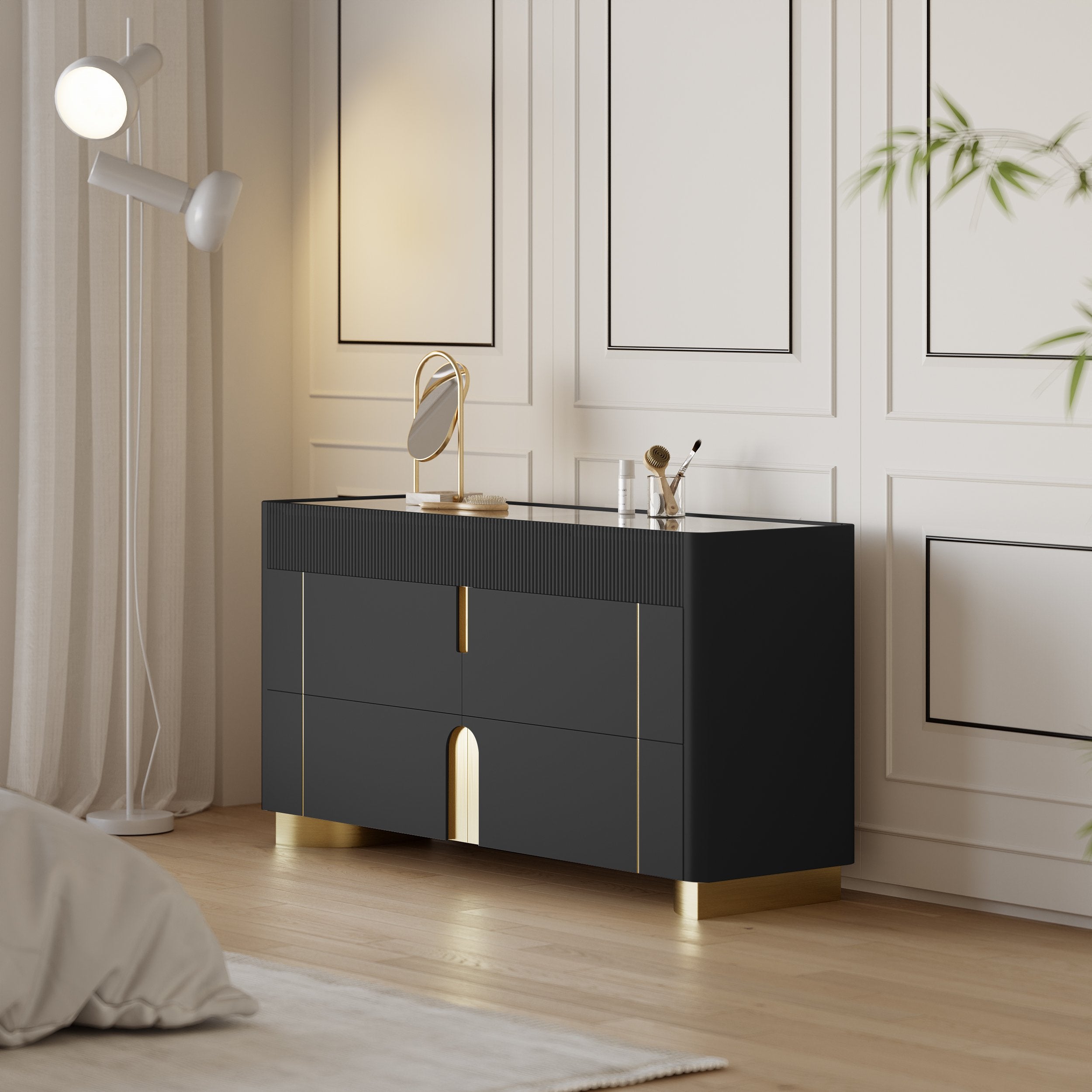 HMR - Artus 59"W 6 Drawer Dresser Glass Top Closet Island with Jewelry Display Storage